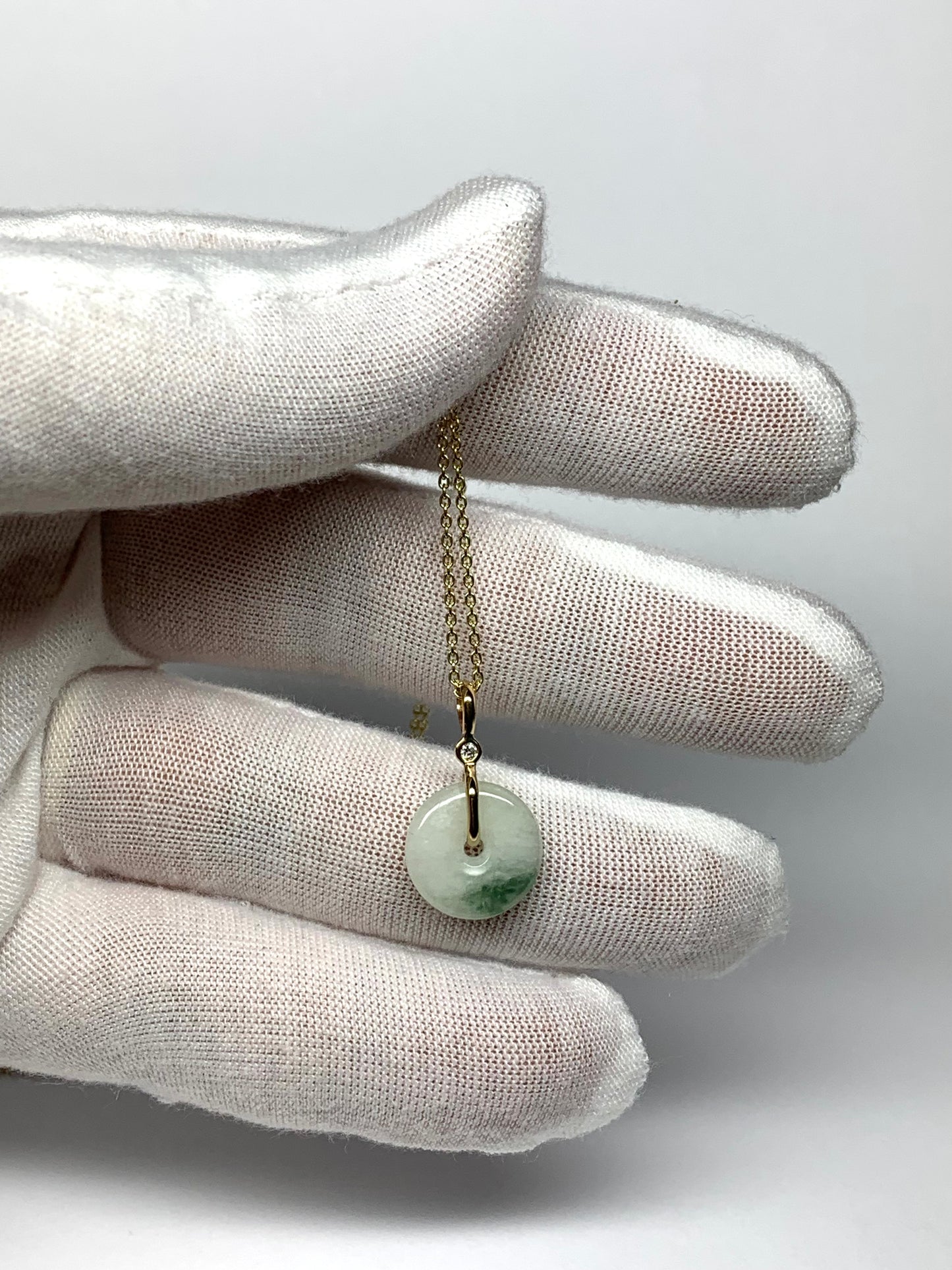 14k Solid Yellow Gold, White Diamond, Pale Green Jade “Donut” Pendant, Mini Size