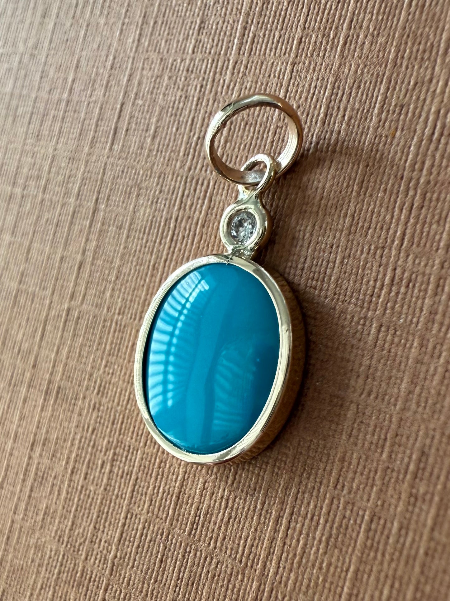 14k Solid Yellow Gold, Diamond, Blue Sleeping Beauty Turquoise Pendant, Mini Size