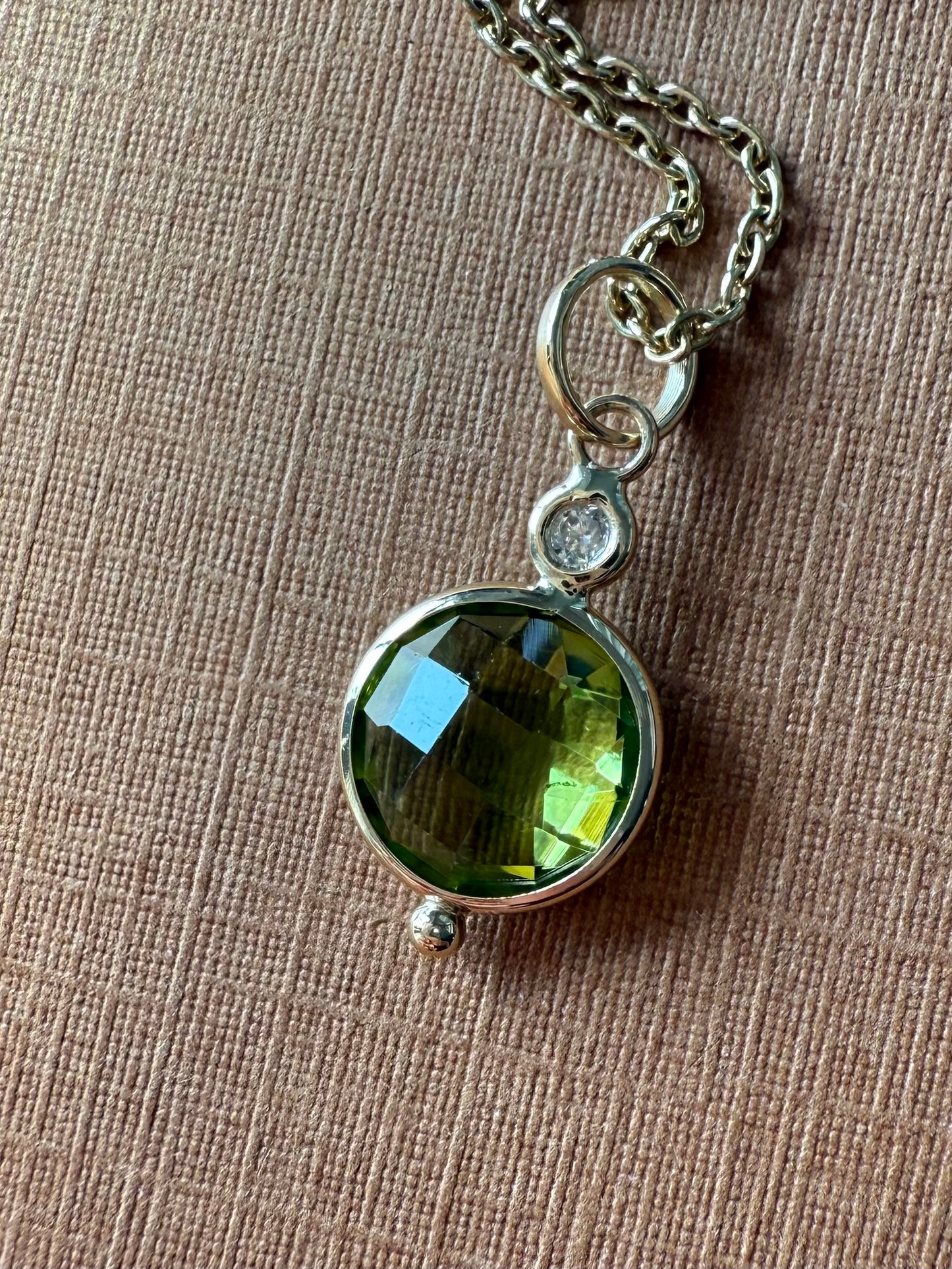 14k Solid Yellow Gold, Diamond, Green Peridot Mini Pendant
