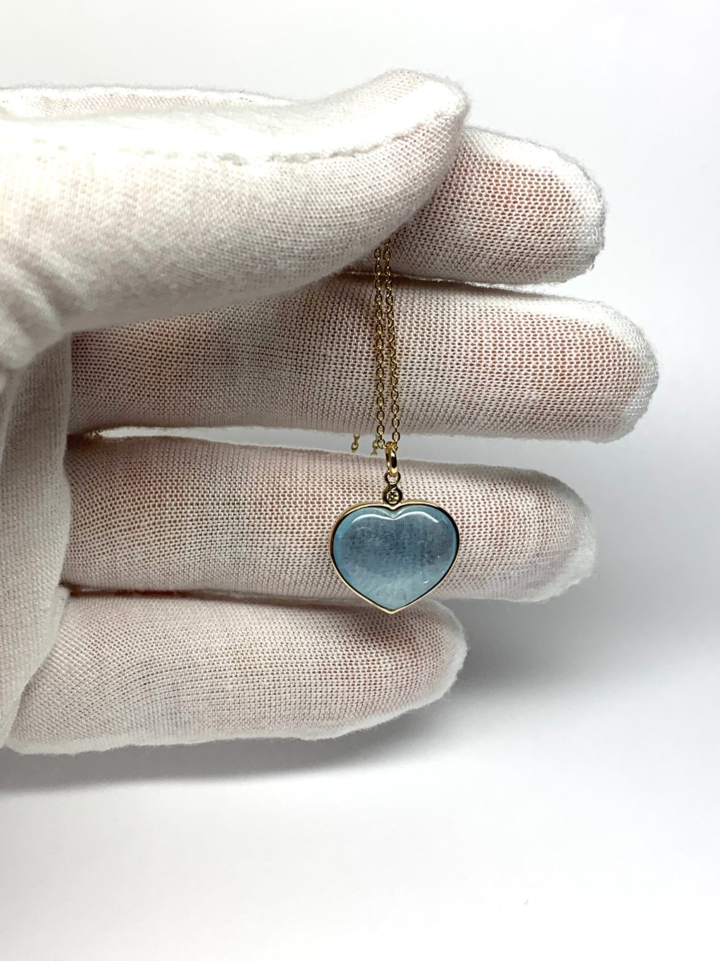 14k Solid Yellow Gold, Diamond, Pale Blue Aquamarine “Heart” Pendant