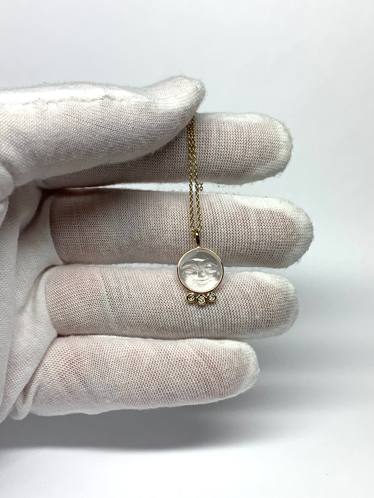 14k Solid Yellow Gold, Clear Quartz, White Diamonds “Moon and Stars” Pendant, Carved Face, Small Size