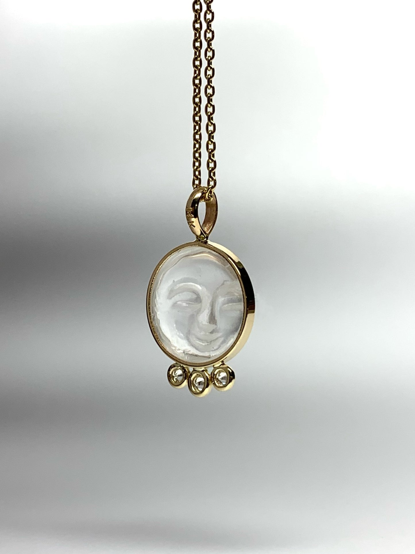 14k Solid Yellow Gold, Clear Quartz, White Diamonds “Moon and Stars” Pendant, Carved Face, Small Size