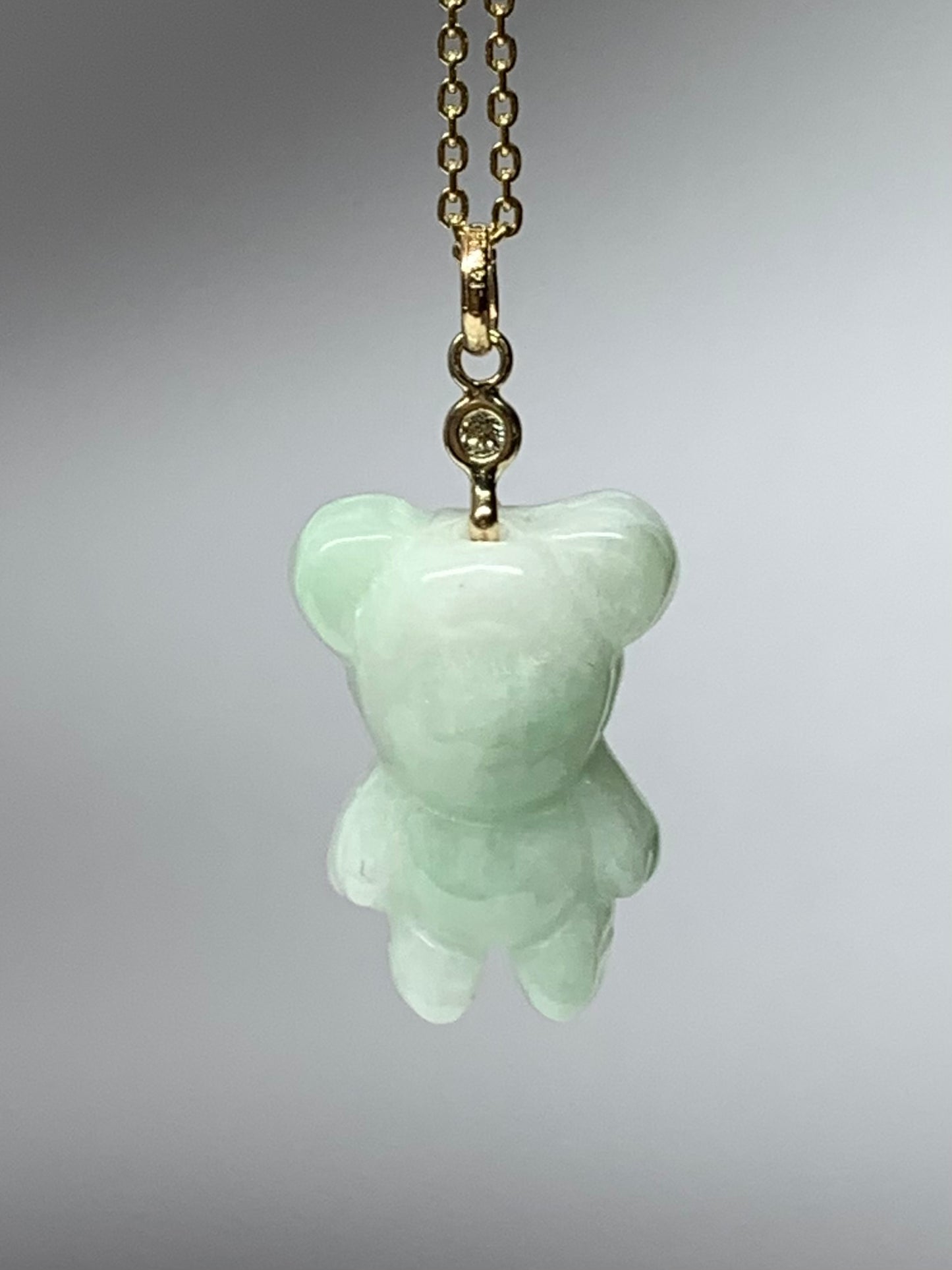 14k Solid Yellow Gold, Diamond, White Jade “Teddy Bear” Pendant