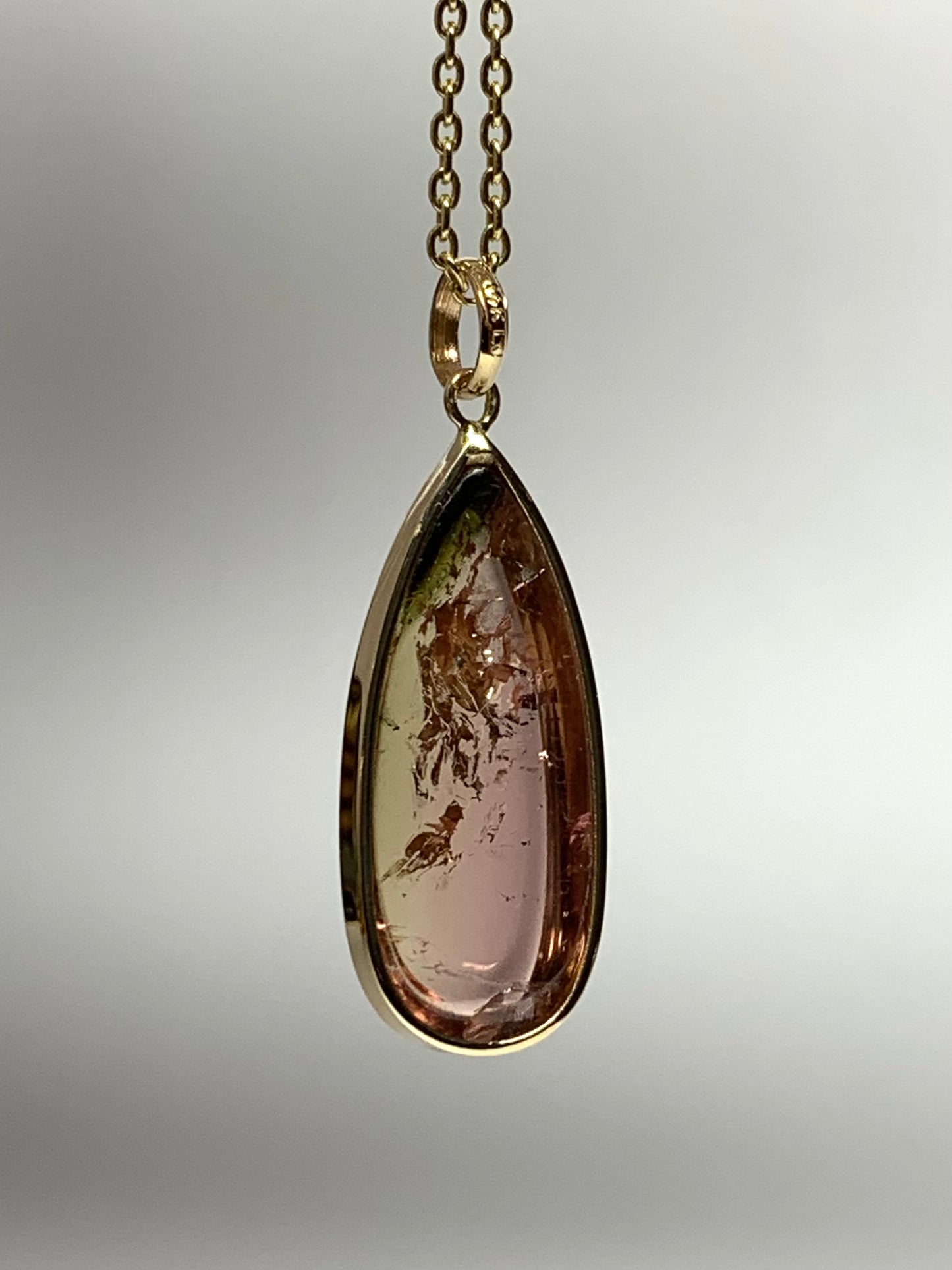 14k Solid Yellow Gold, Natural Bicolor Green Pink Tourmaline Drop Pendant