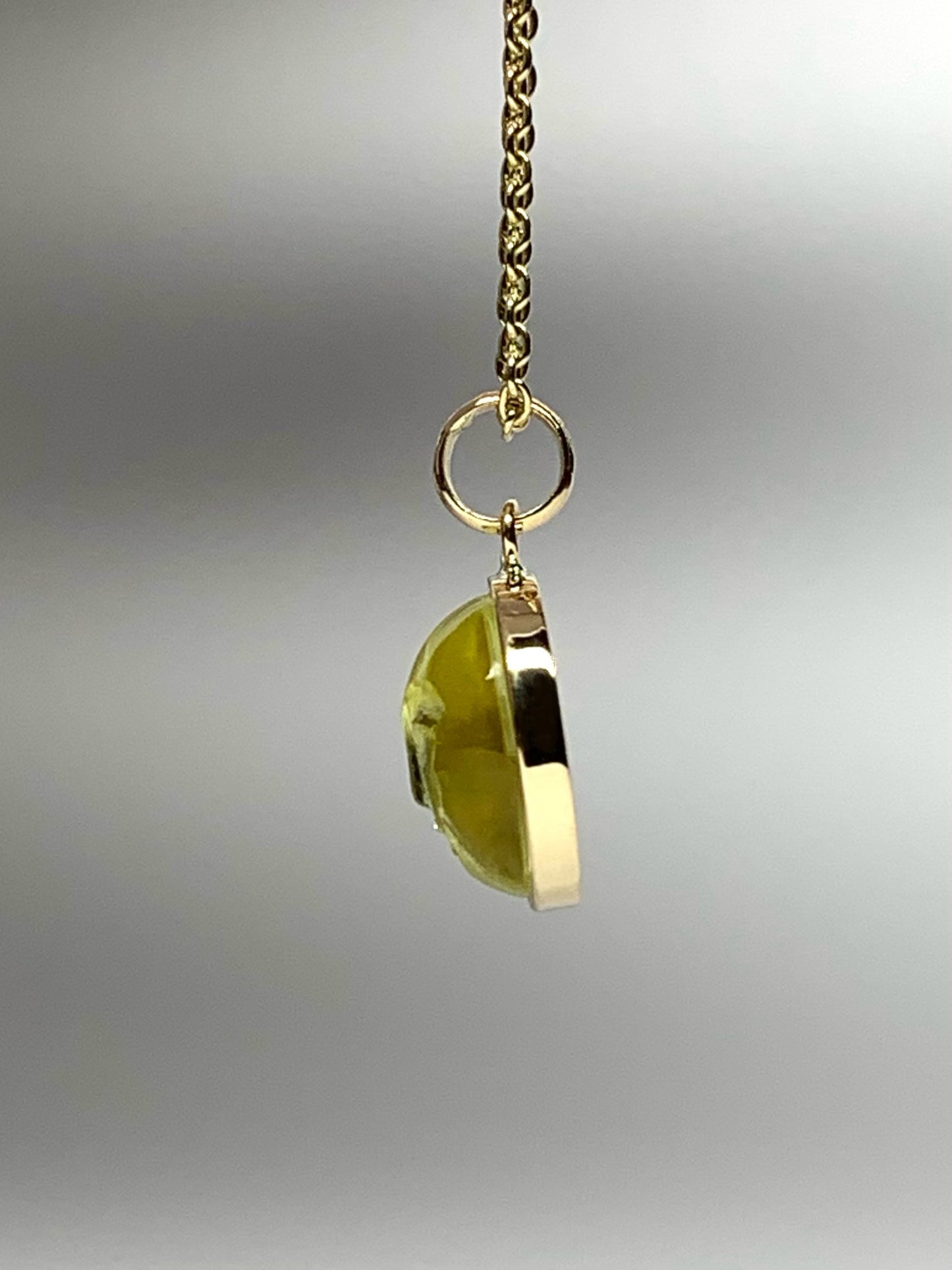 “Mini Moon" Pendant, 14K Solid Yellow Gold, Lemon Olive Quartz, Tiny Size