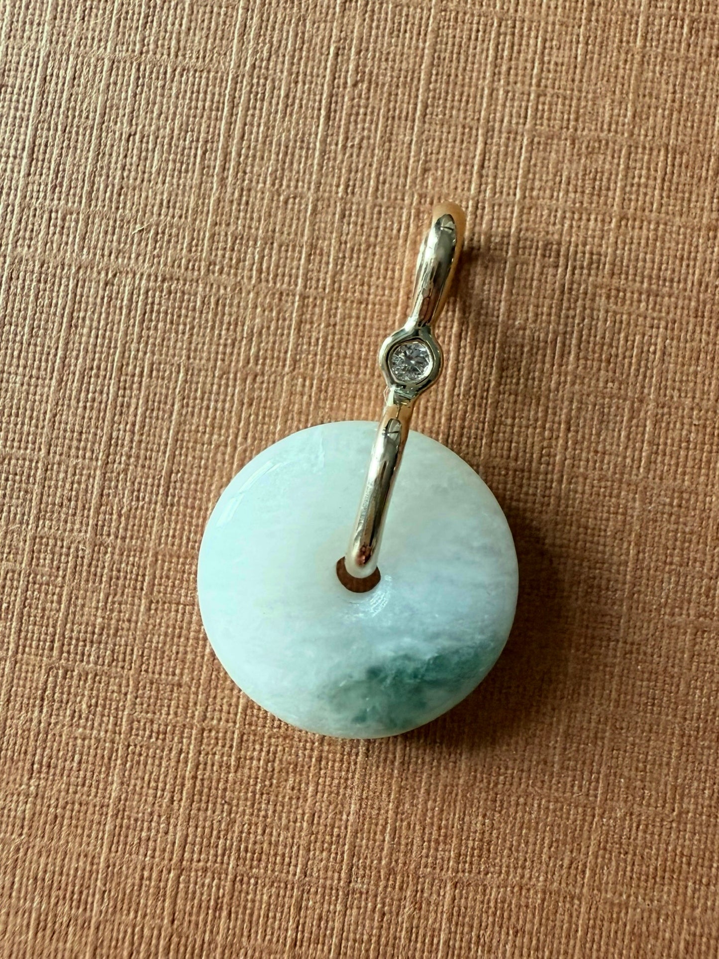 14k Solid Yellow Gold, White Diamond, Pale Green Jade “Donut” Pendant, Mini Size