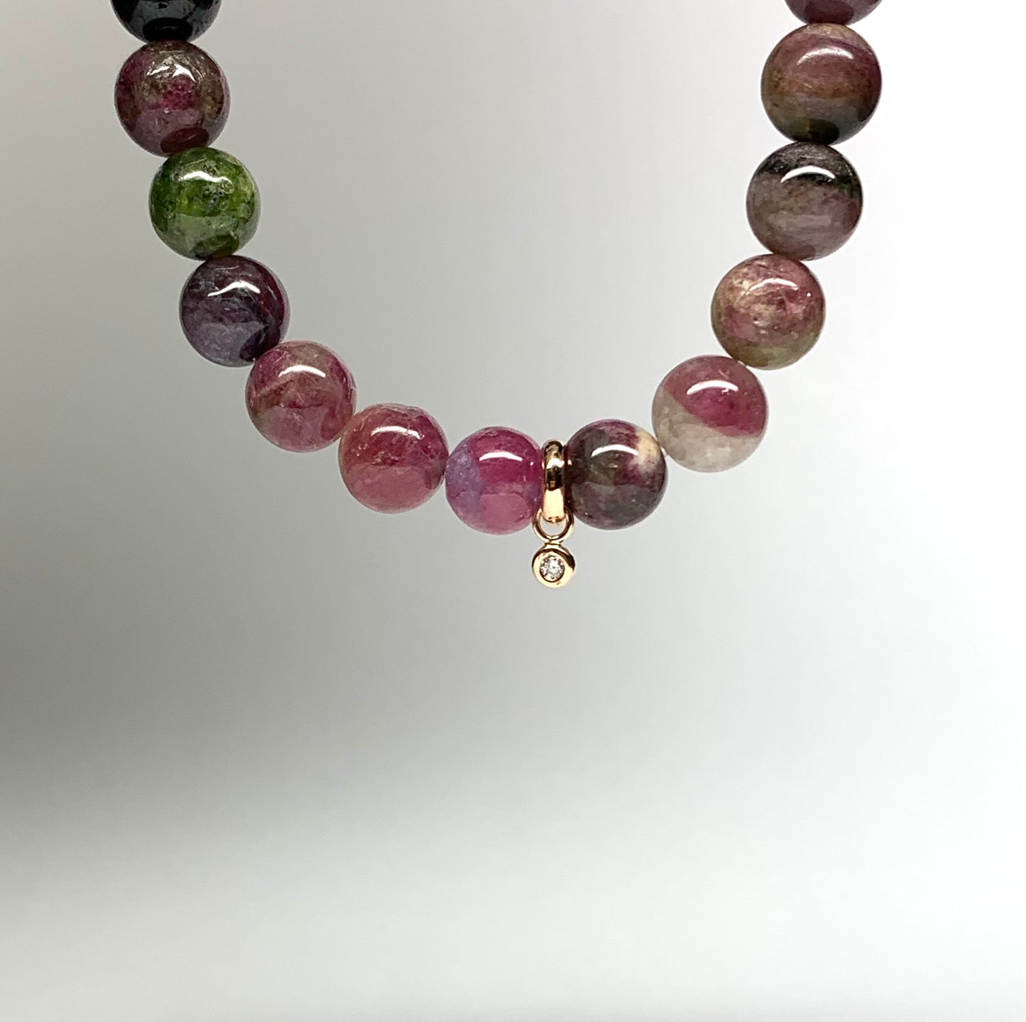 14k Solid Rose Gold, White Diamond, Multi Color Tourmaline Beads Stretch Bracelet