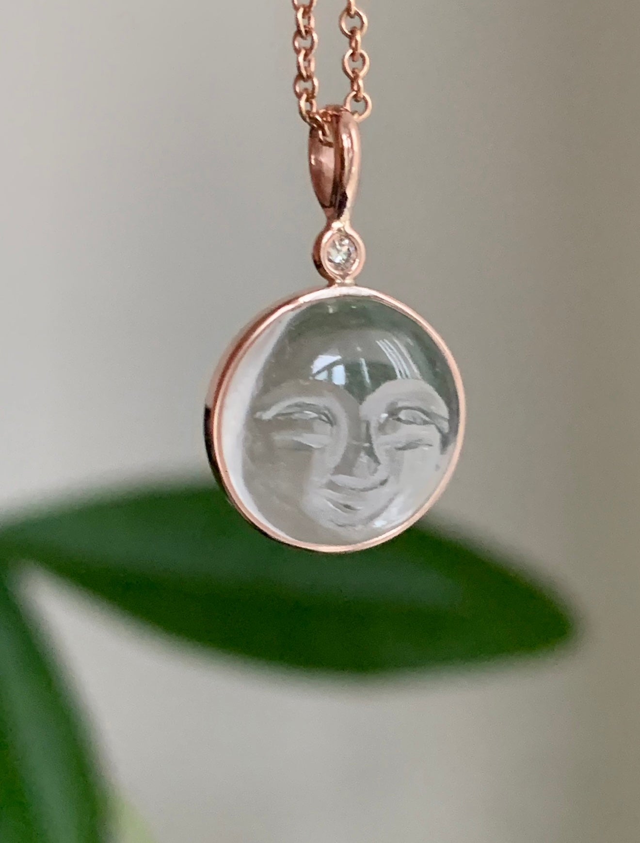 14k Solid Rose Gold, Clear Quartz, White Diamond “Moon and Star” Pendant, Carved Face, Small Size