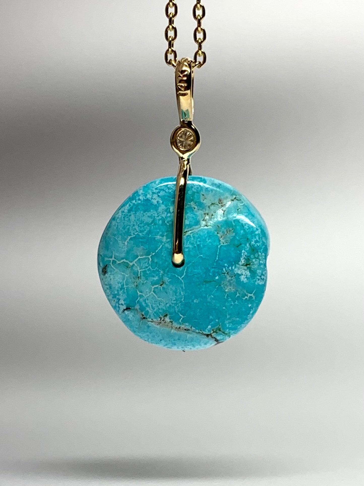 14K Solid Yellow Gold, White Diamond, Blue Turquoise “Donut” Pendant