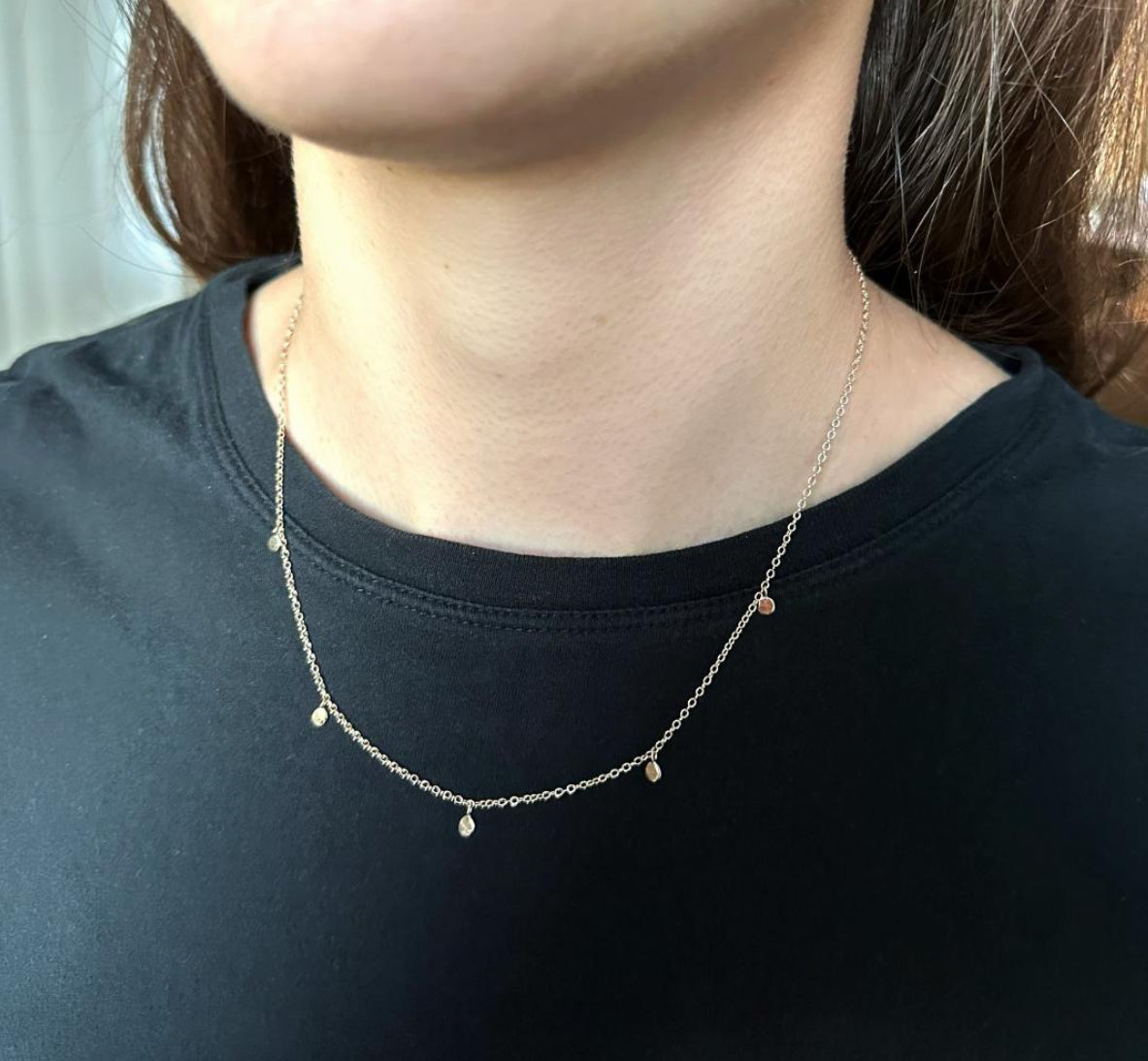 14k Solid Yellow Gold Necklace, Tiny Gold Nugget Drops, 18”