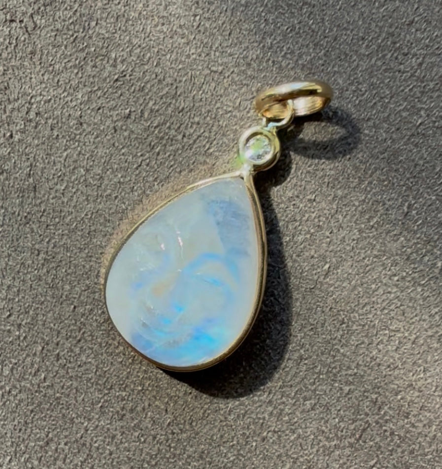 14k Solid Yellow Gold, White Diamond, Rainbow Moonstone “Rainbow Moon” Pendant, Mini Size