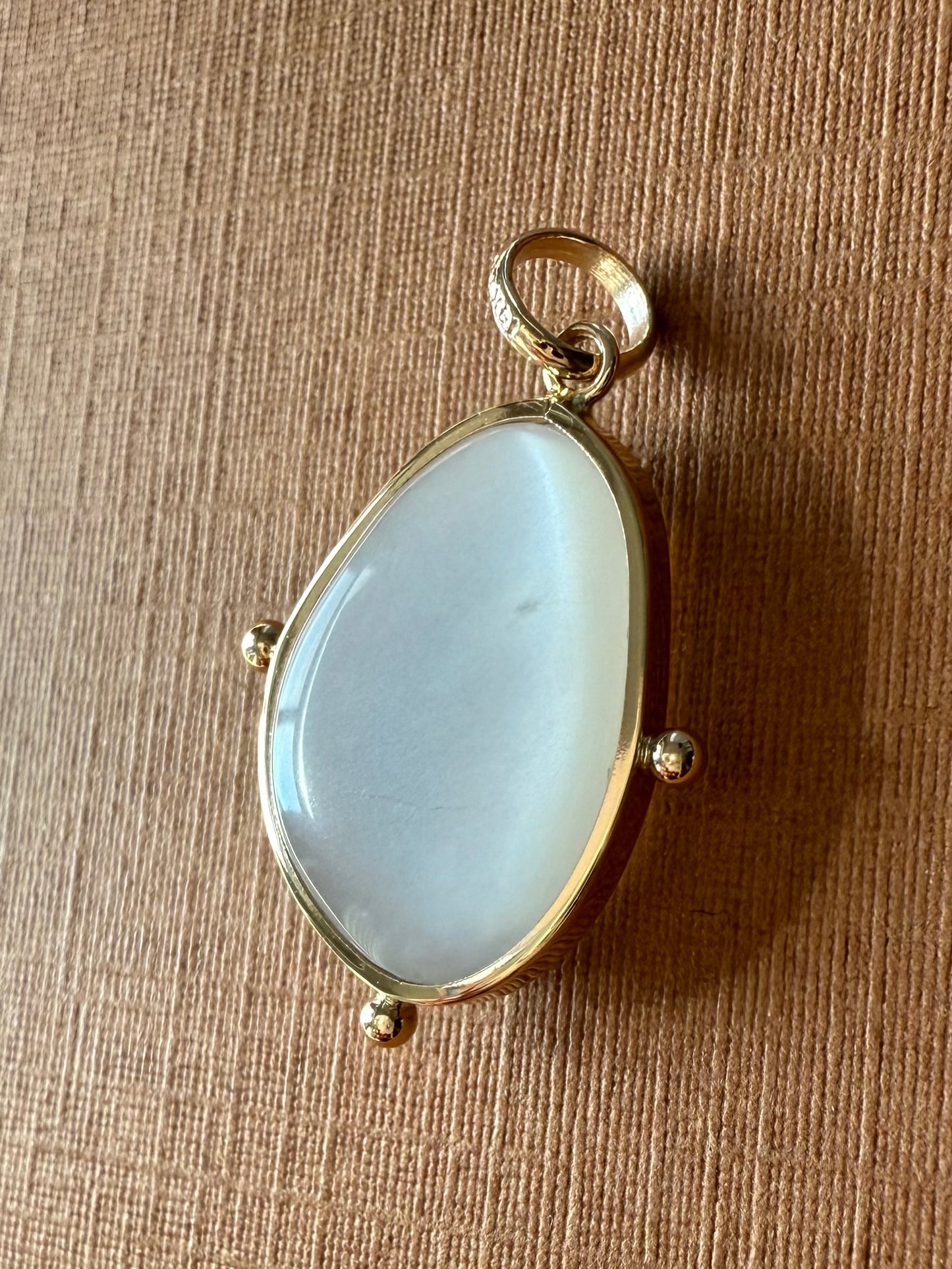 14k Solid Yellow Gold, White Moonstone Flat Cabochon Pendant, With Golden Dots