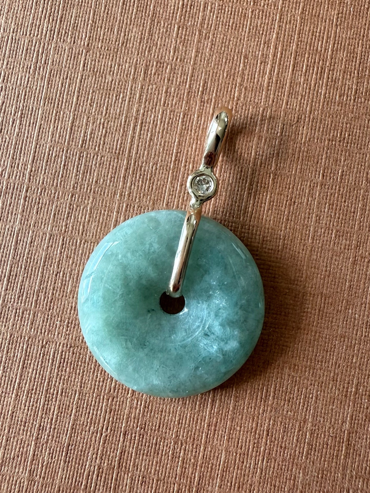 14k Solid Yellow Gold, Pale Green Jade “Donut”, White Diamond Pendant, Small Size