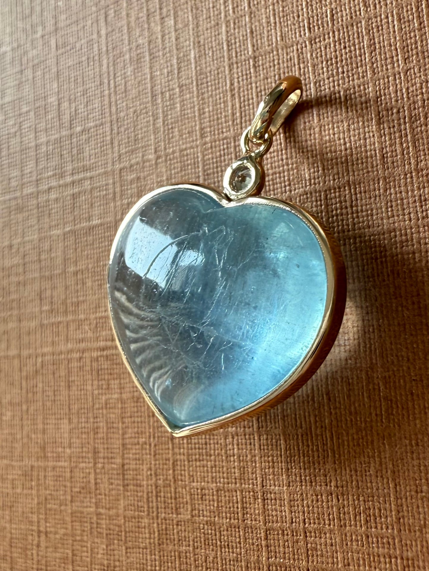 14k Solid Yellow Gold, Diamond, Pale Blue Aquamarine “Heart” Pendant