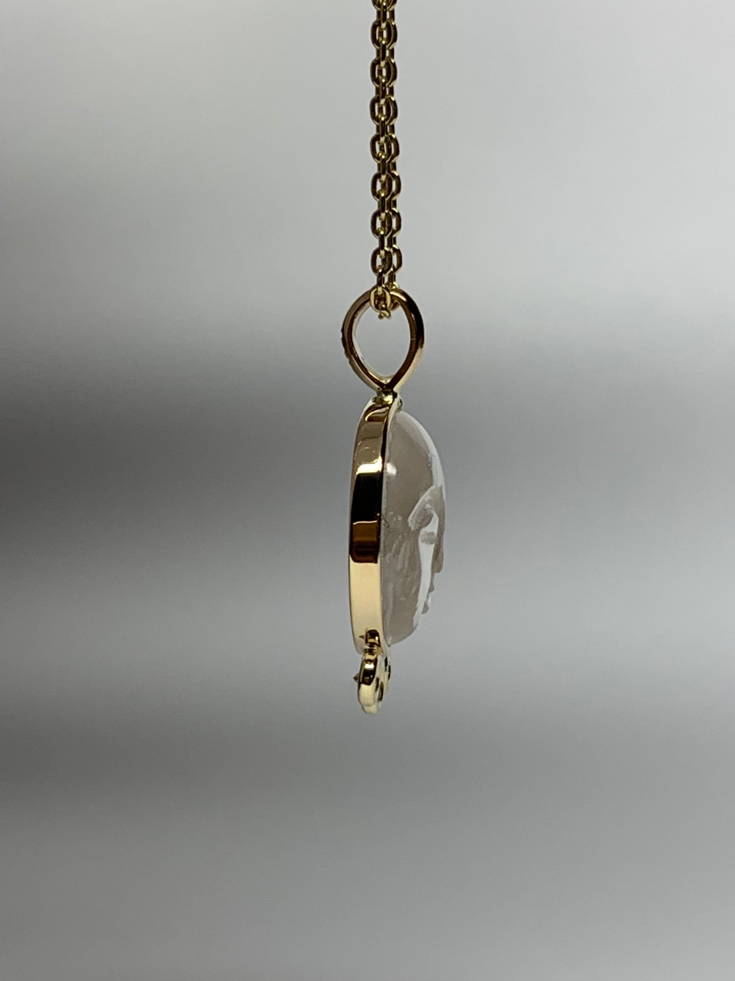 14k Solid Yellow Gold, Clear Quartz, White Diamonds “Moon and Stars” Pendant, Carved Face, Small Size