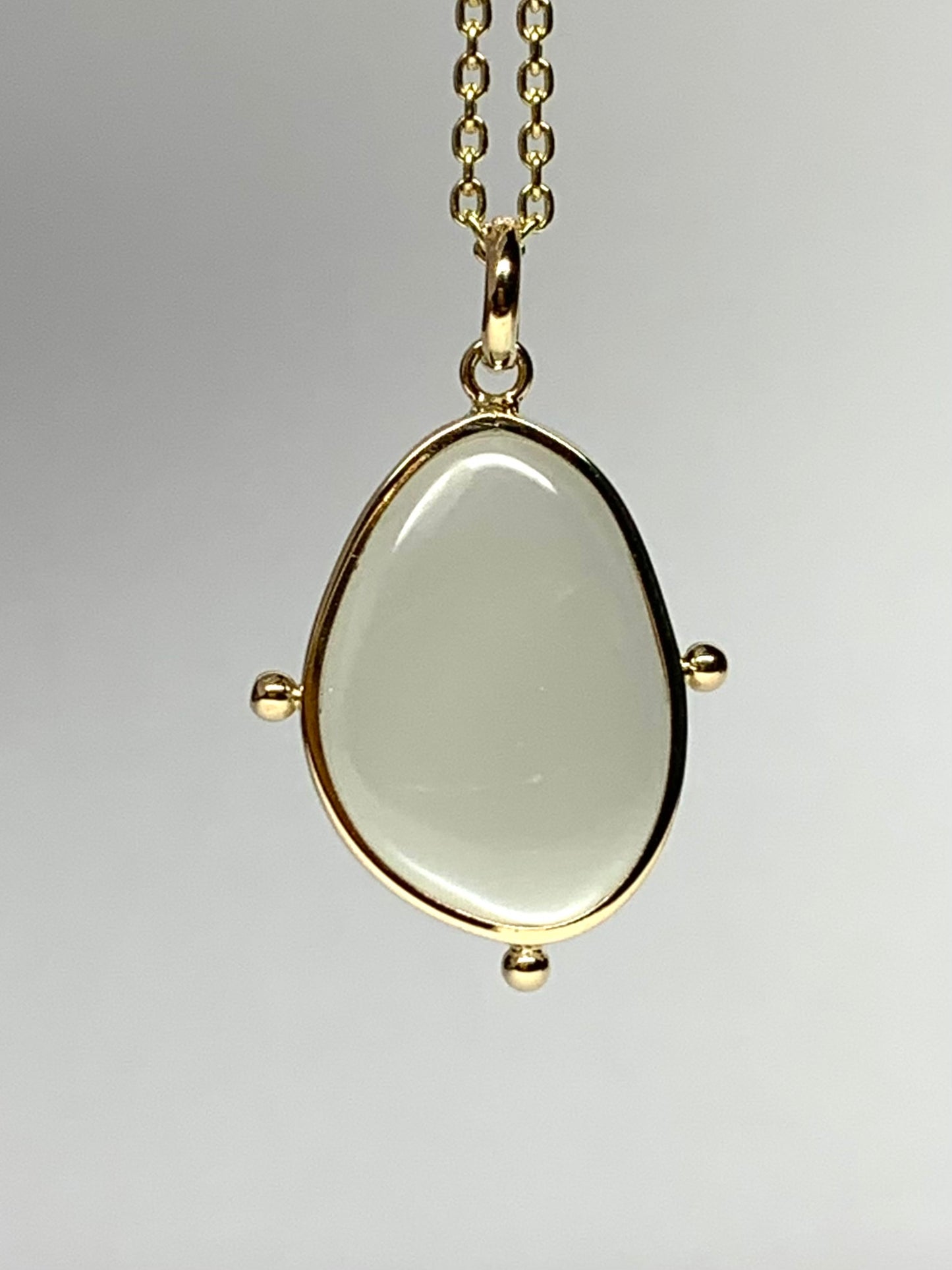 14k Solid Yellow Gold, White Moonstone Flat Cabochon Pendant, With Golden Dots