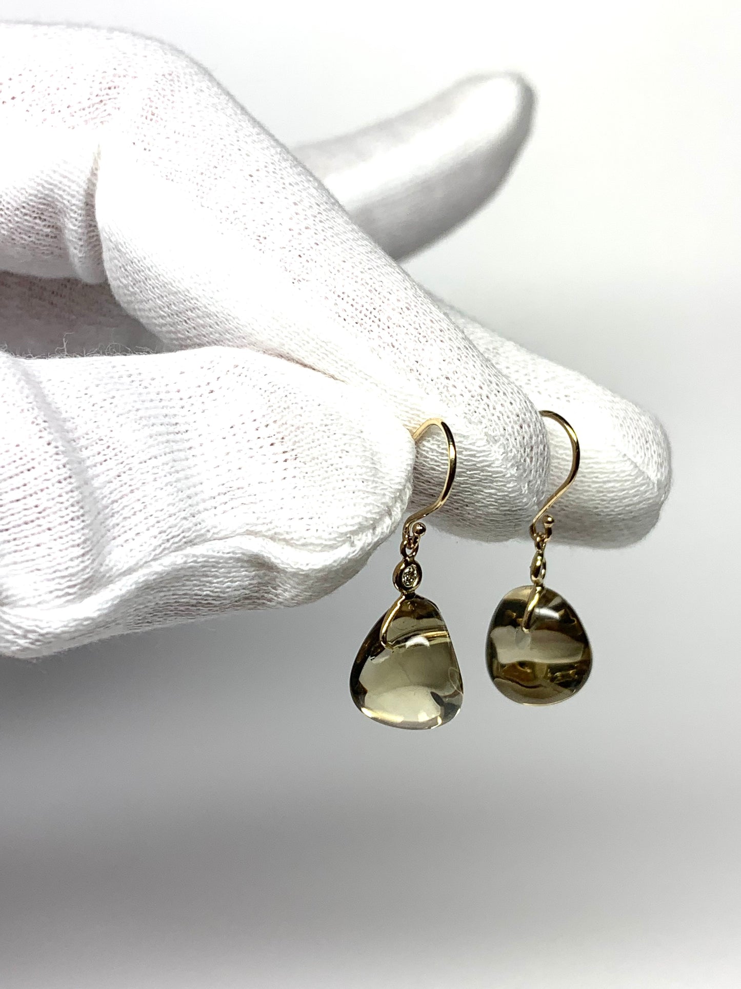 14k Solid Yellow Gold, Diamonds, Lemon Quartz Tumbled Nugget Beads Earrings, Mini Size