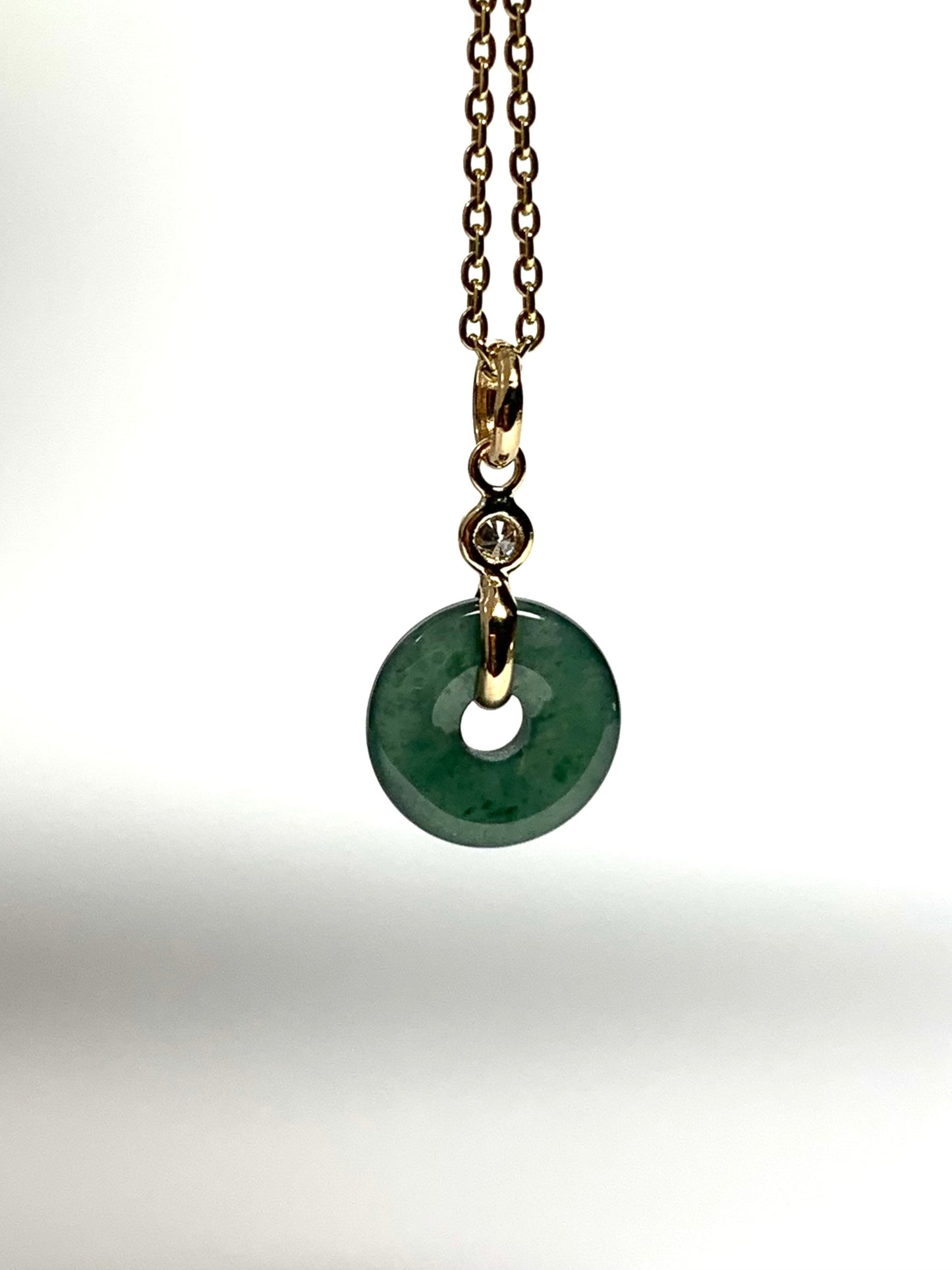 14k Solid Yellow Gold, White Diamond, Pale Green Jade “Donut” Pendant, Tiny Size