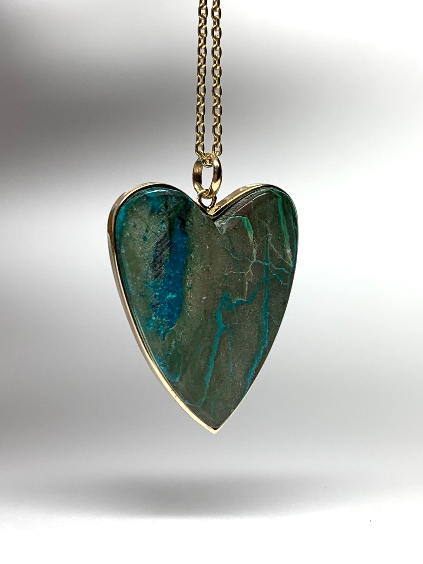 14k Solid Yellow Gold, Blue Chrysocolla “Heart” Pendant