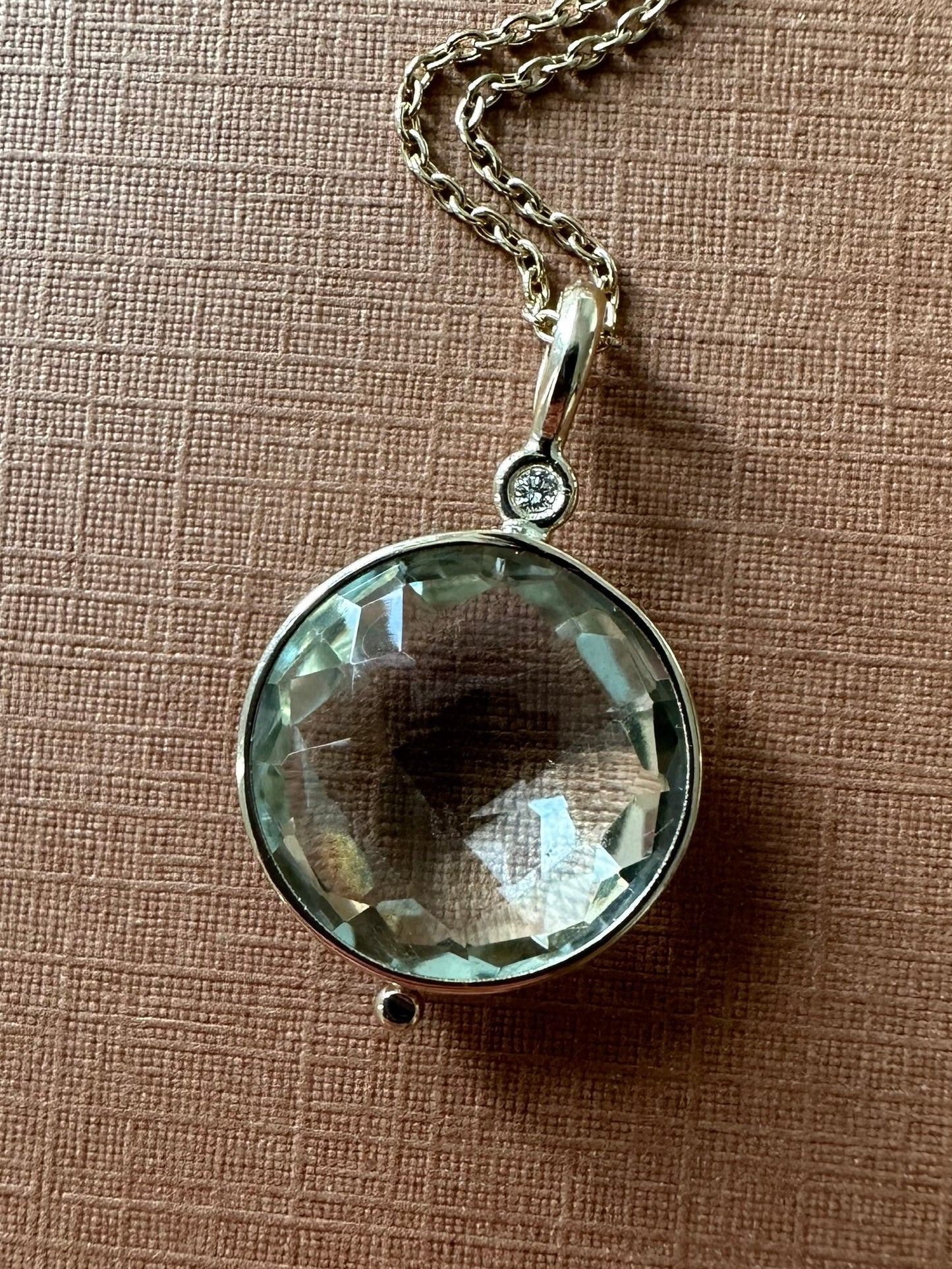 14K Solid Yellow Gold, Diamond, Round Green Amethyst Drop Pendant