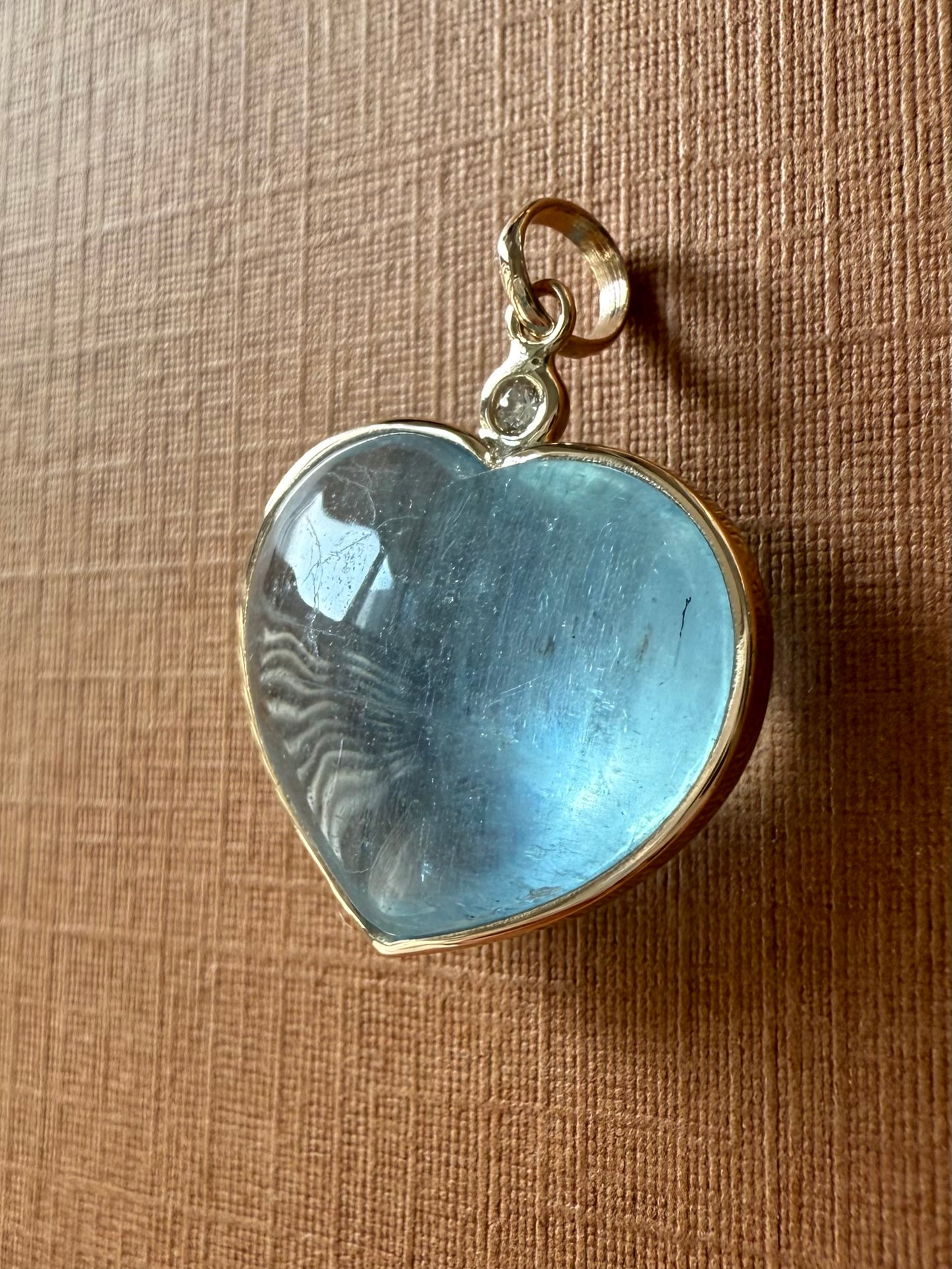 14k Solid Yellow Gold, Diamond, Pale Blue Aquamarine “Heart” Pendant