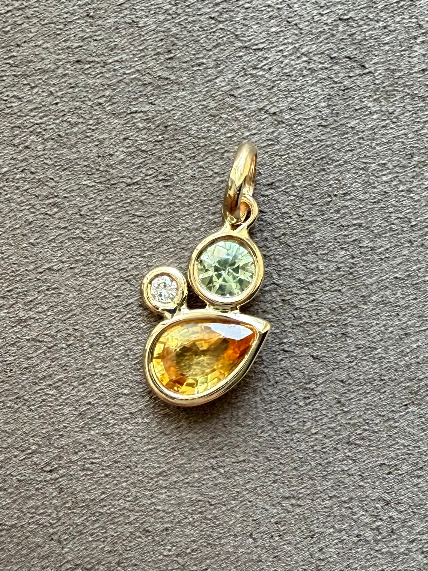 14K Solid Yellow Gold, Diamond, Multi Color Sapphires Cluster Pendant, Tiny Size