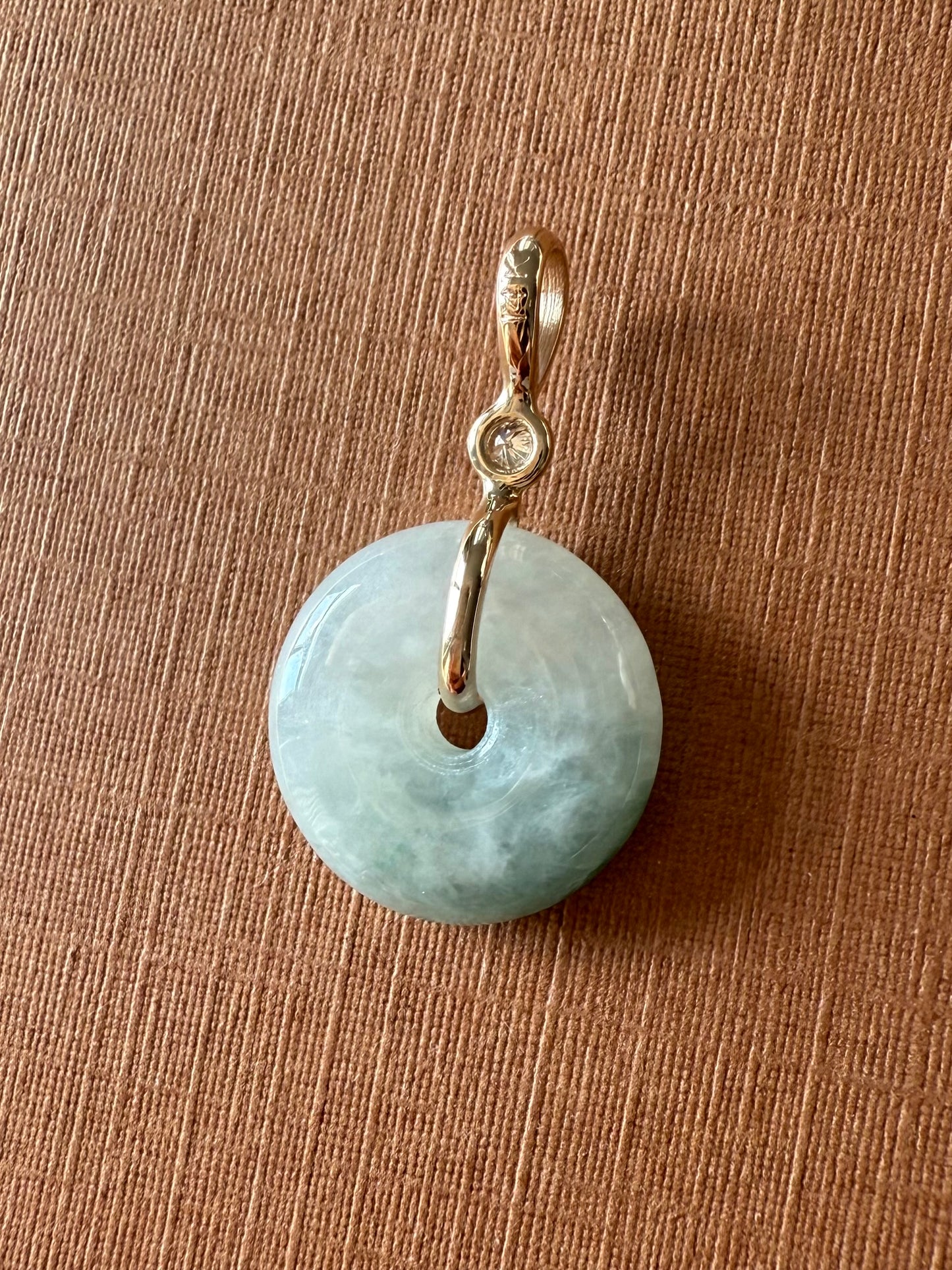 14k Solid Yellow Gold, White Diamond, Pale Green Jade “Donut” Pendant, Mini Size