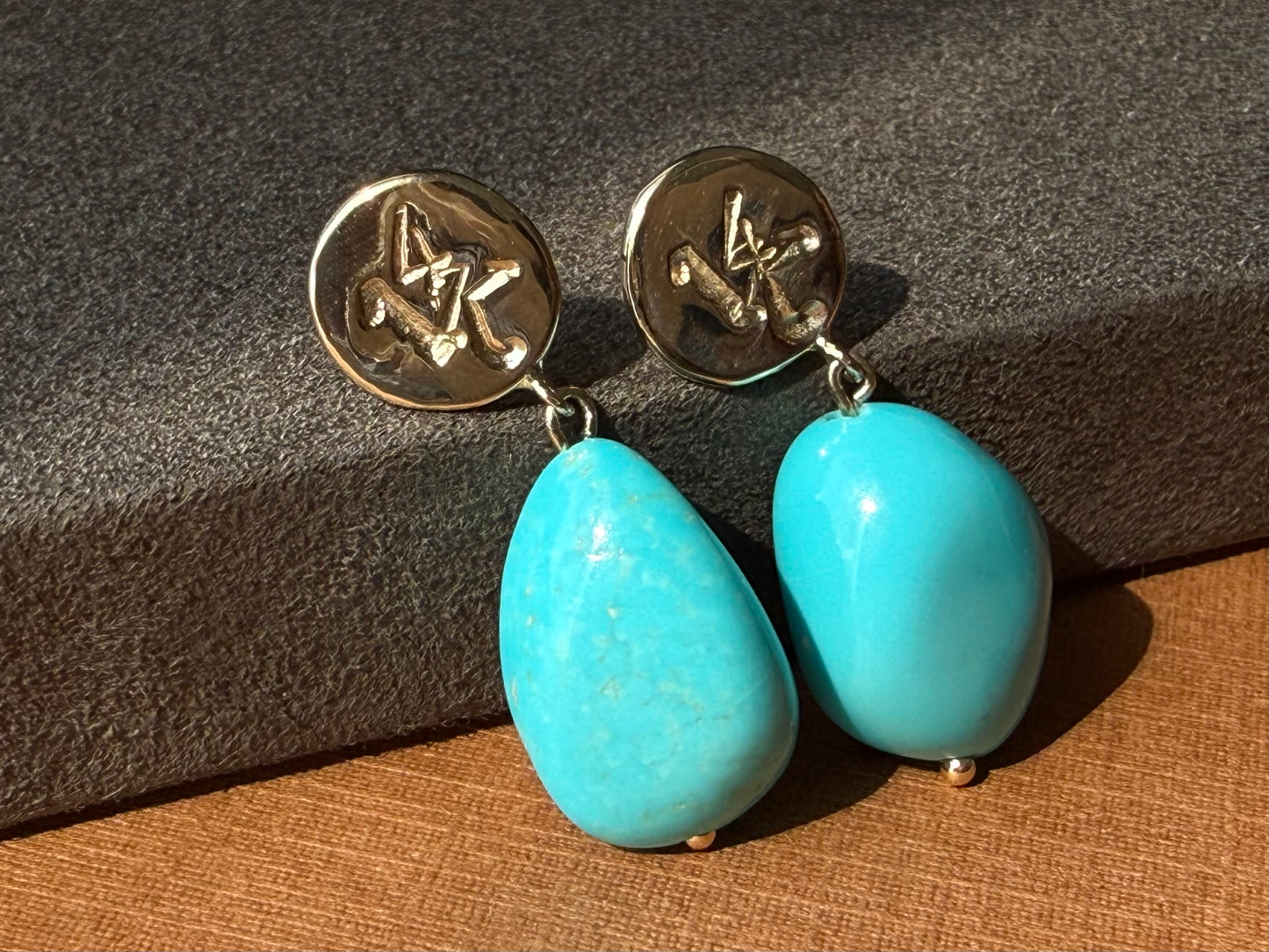 14k Solid Yellow Gold Nuggets, Natural Sleeping Beauty Turquoise Drop Earrings