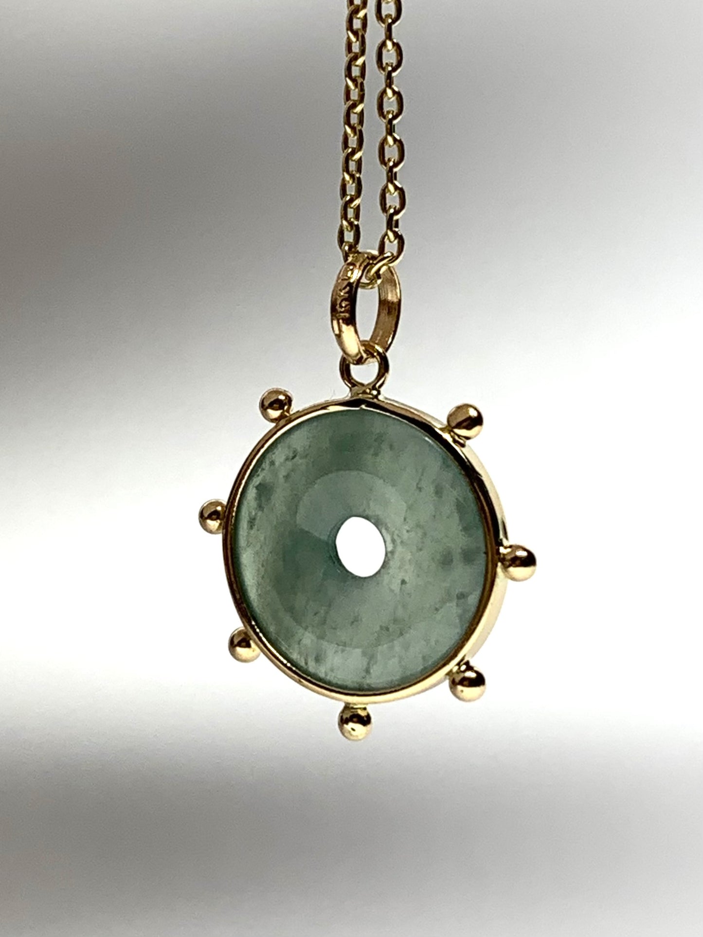 14k Solid Yellow Gold, Natural Green Jade Donut “Sun” Pendant, Mini Size