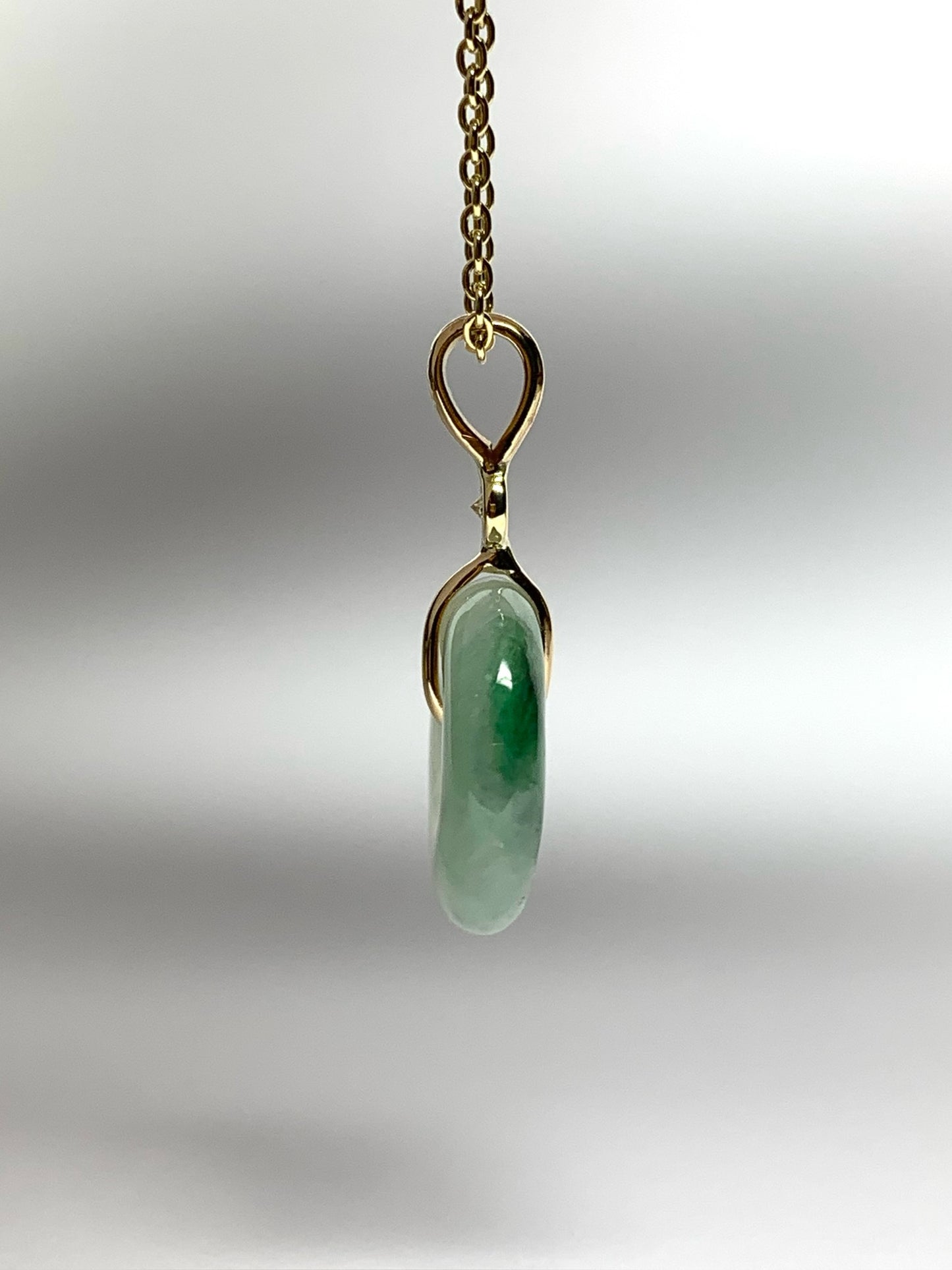 14k Solid Yellow Gold, White Diamond, Pale Green Jade “Donut” Pendant, Mini Size