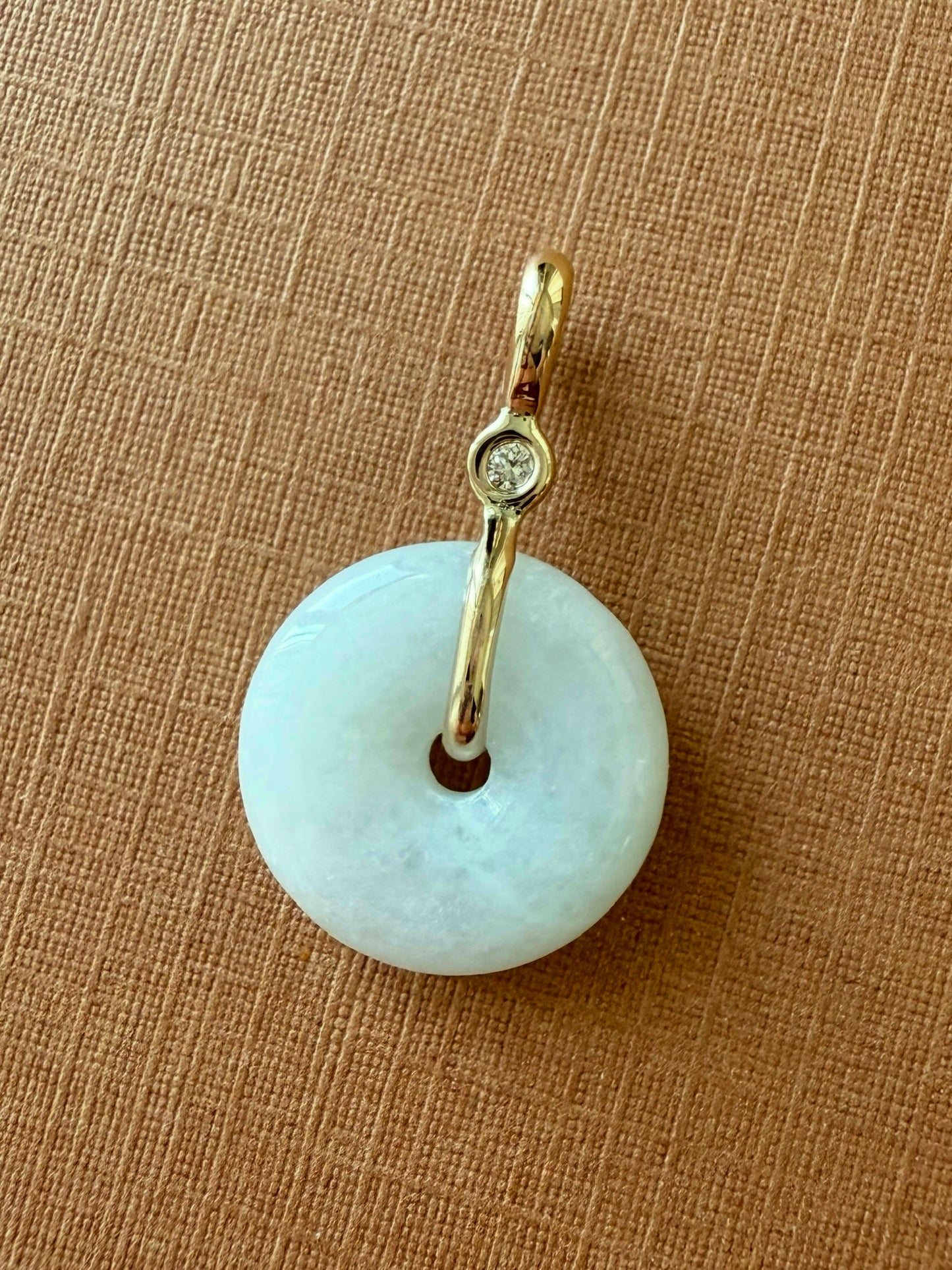 14k Solid Yellow Gold, White Jade, Diamond Pendant, Small Size