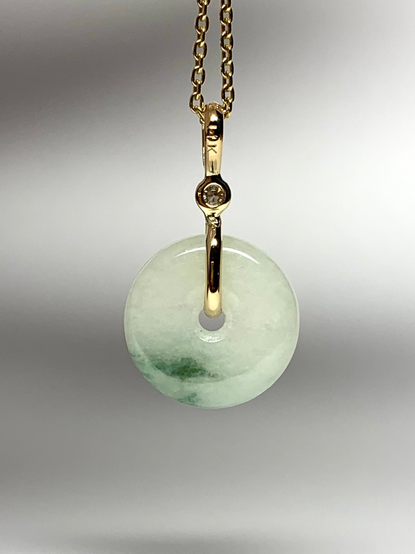 14k Solid Yellow Gold, White Diamond, Pale Green Jade “Donut” Pendant, Mini Size