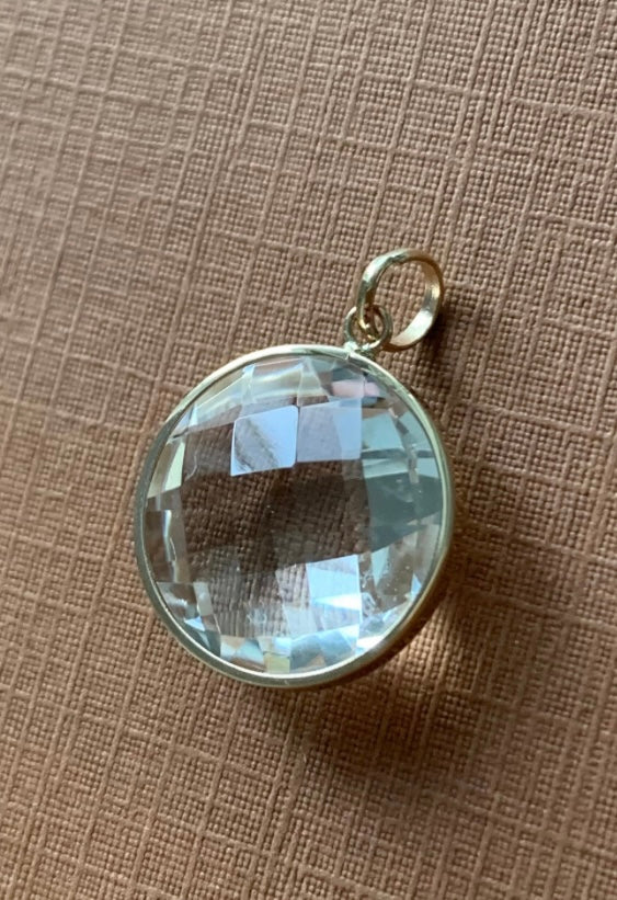14K Solid Yellow Gold, Round Clear Quartz Drop Pendant