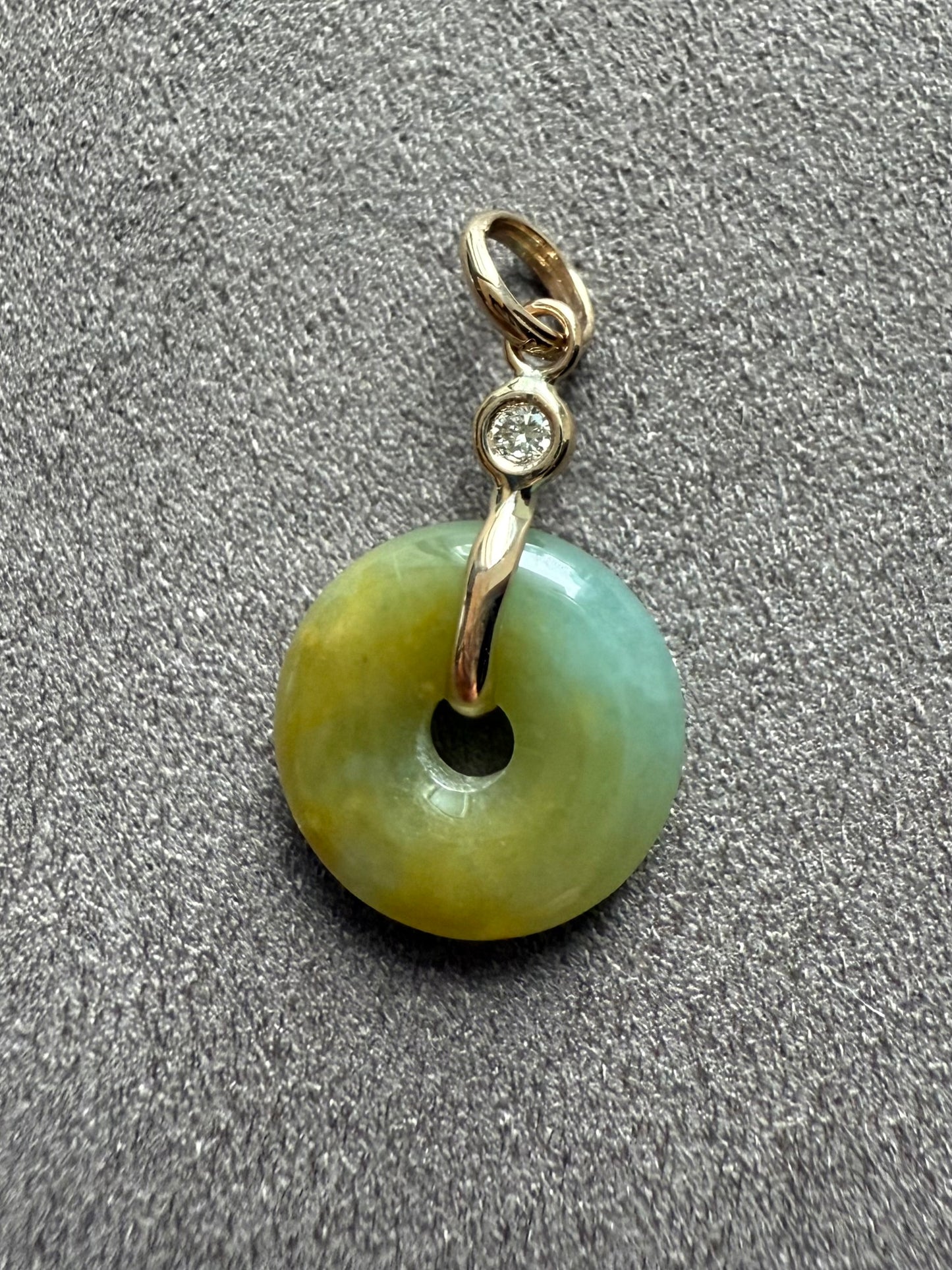 14k Solid Yellow Gold, White Diamond, Pale Green Jade “Donut” Pendant, Tiny Size
