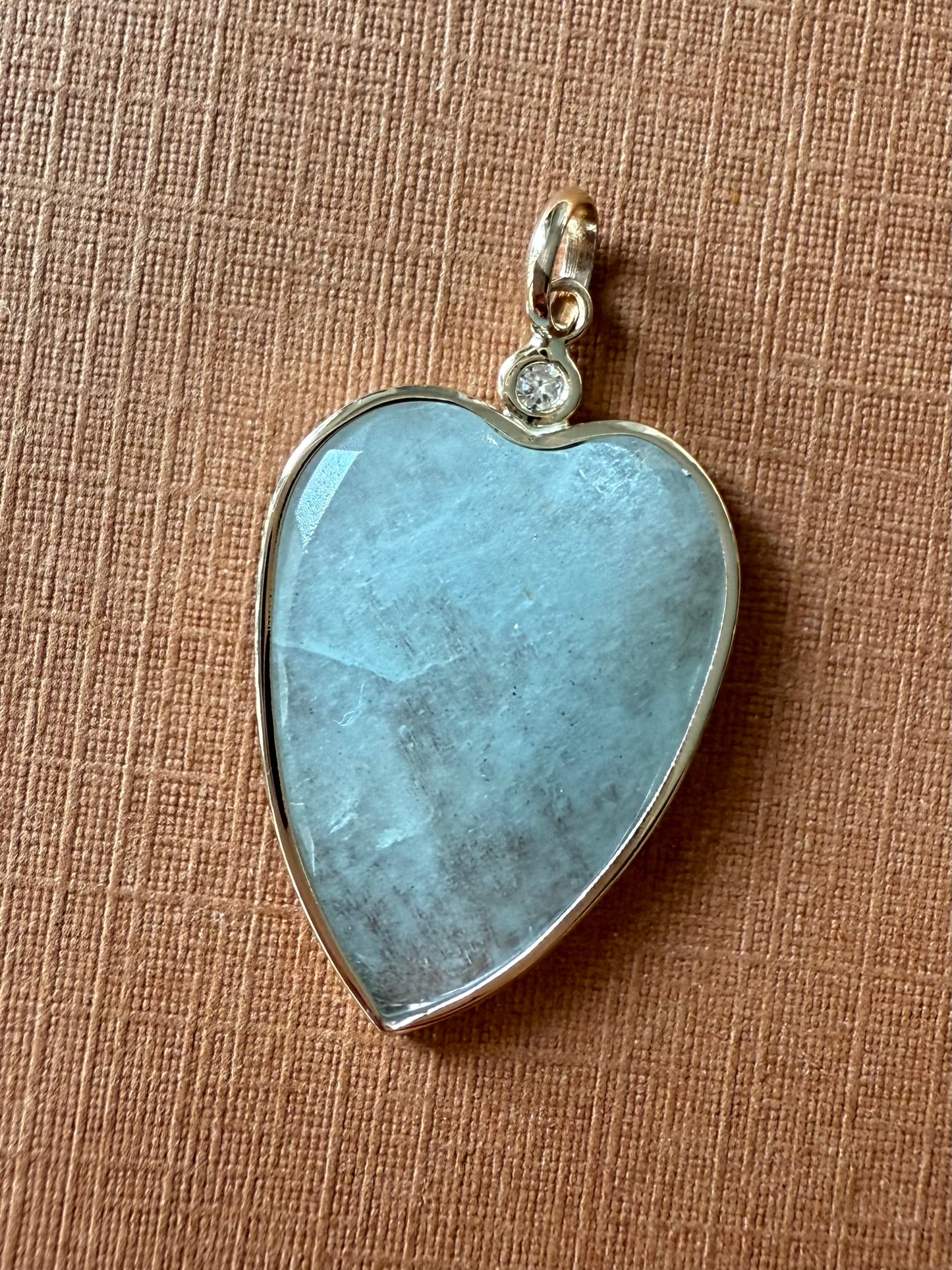 14k Solid Yellow Gold, Diamond, Pale Blue Aquamarine “Heart” Pendant
