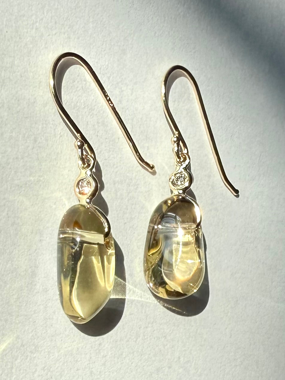 14k Solid Yellow Gold, Diamonds, Lemon Quartz Tumbled Nugget Beads Earrings, Mini Size