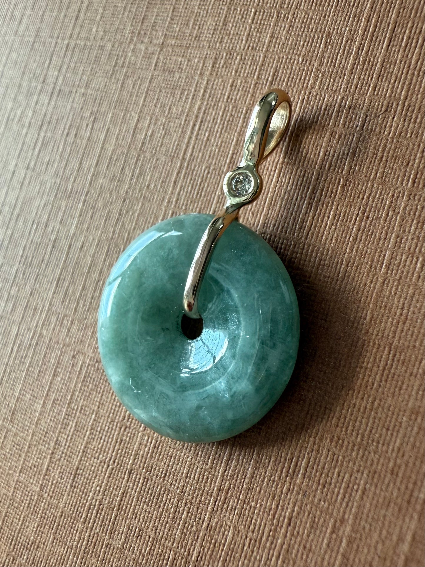 14k Solid Yellow Gold, Pale Green Jade “Donut”, White Diamond Pendant, Small Size