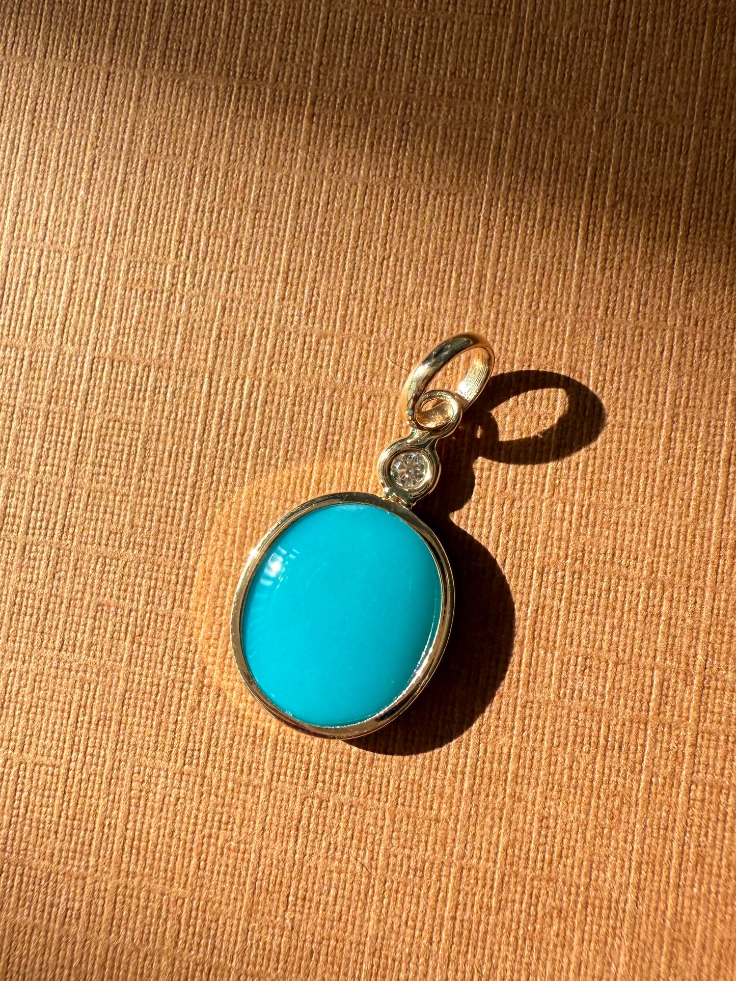 14k Solid Yellow Gold, Diamond, Blue Sleeping Beauty Turquoise Pendant, Mini Size