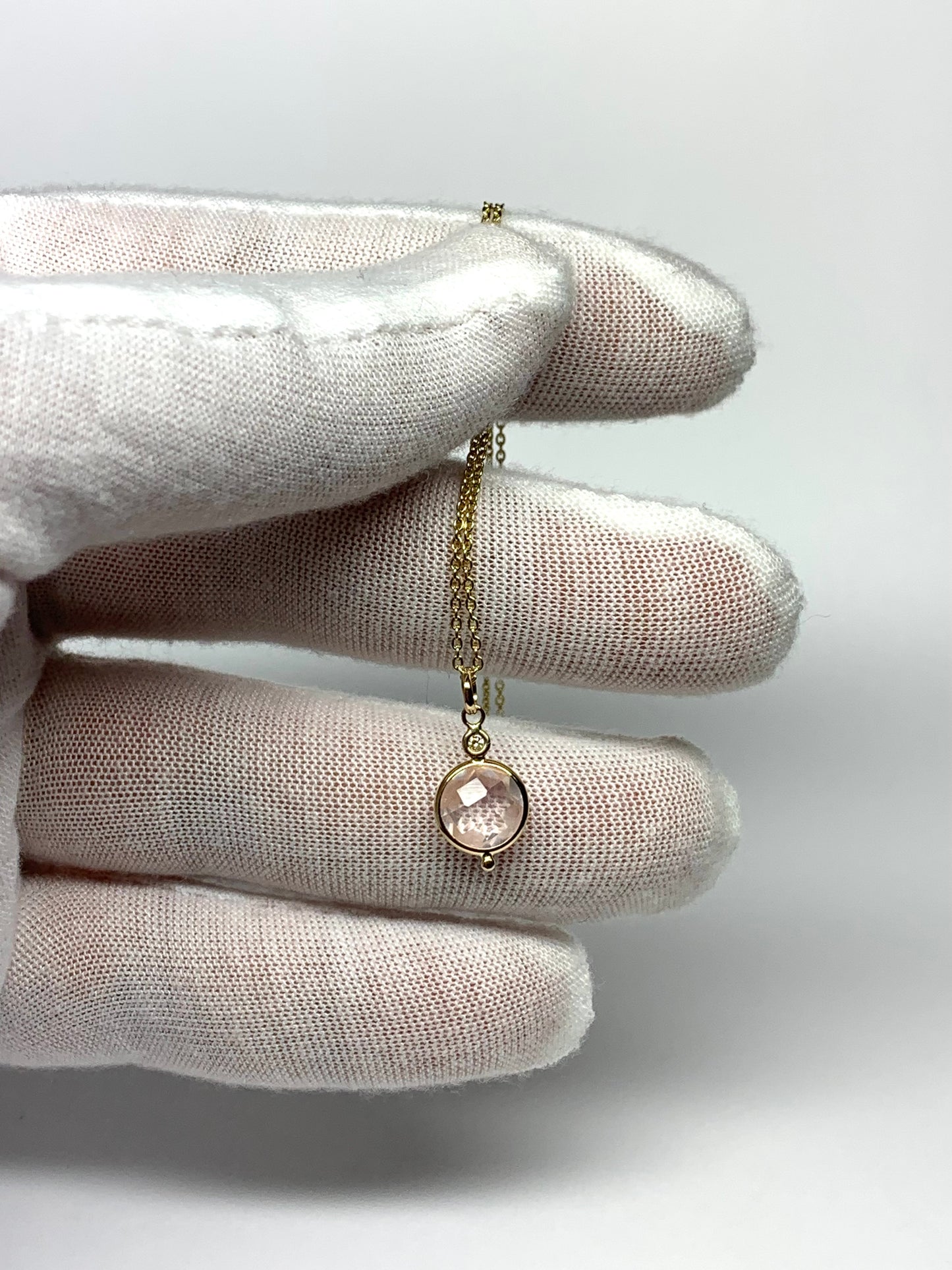 14K Solid Yellow Gold, Diamond, Rose Pink Quartz Mini Pendant