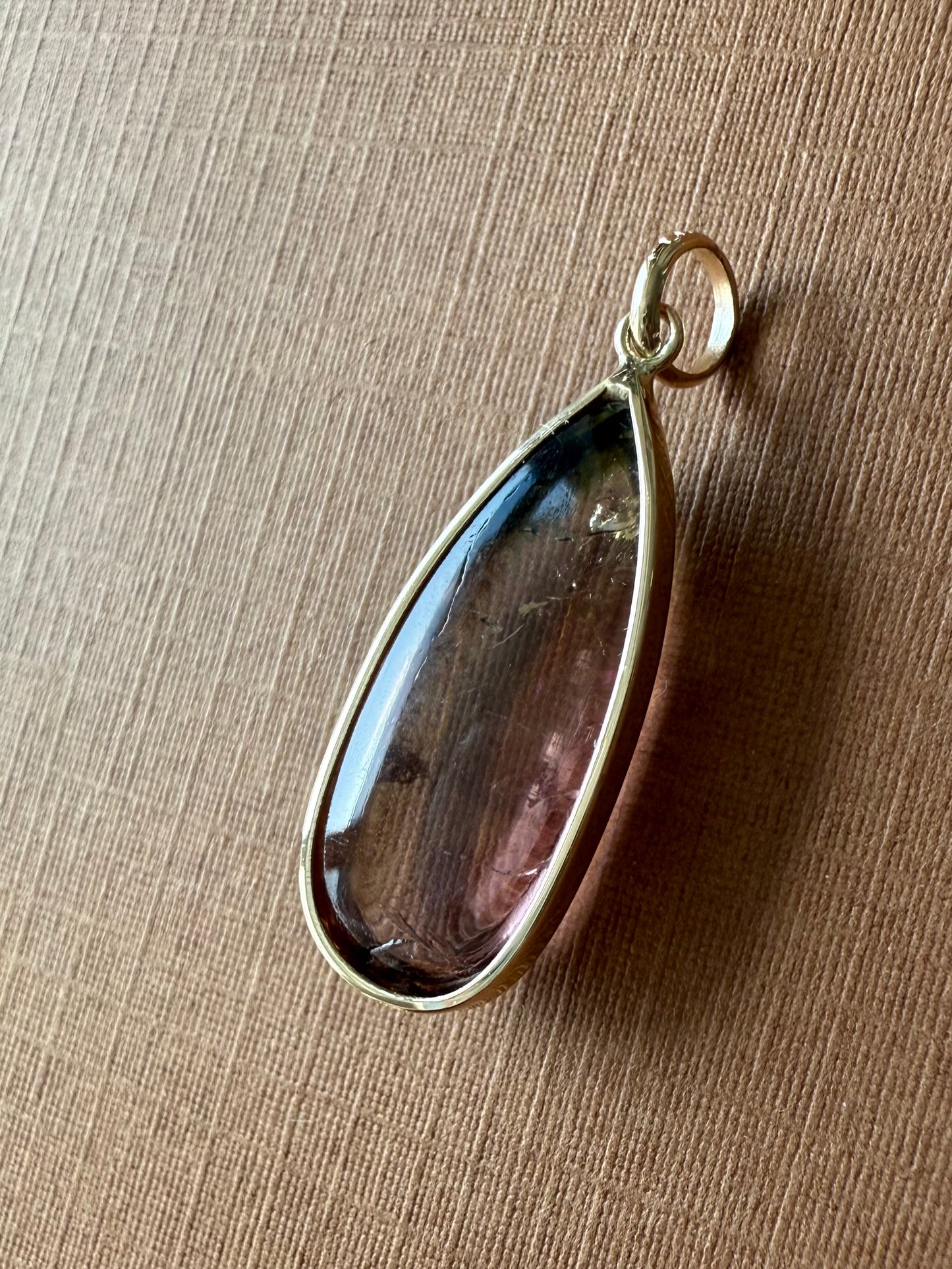 14k Solid Yellow Gold, Natural Bicolor Green Pink Tourmaline Drop Pendant