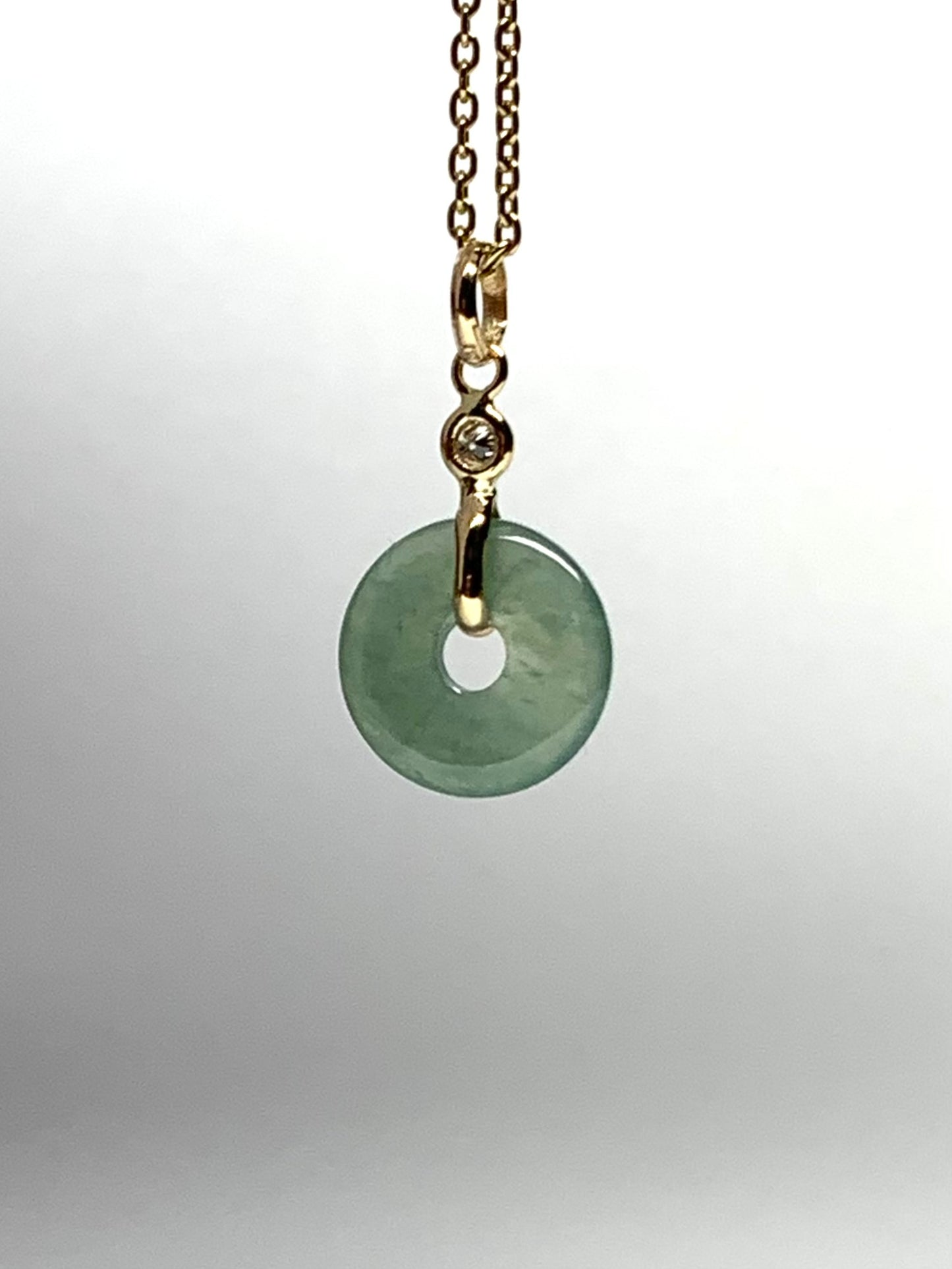 14k Solid Yellow Gold, White Diamond, Pale Green Jade “Donut” Pendant, Tiny Size