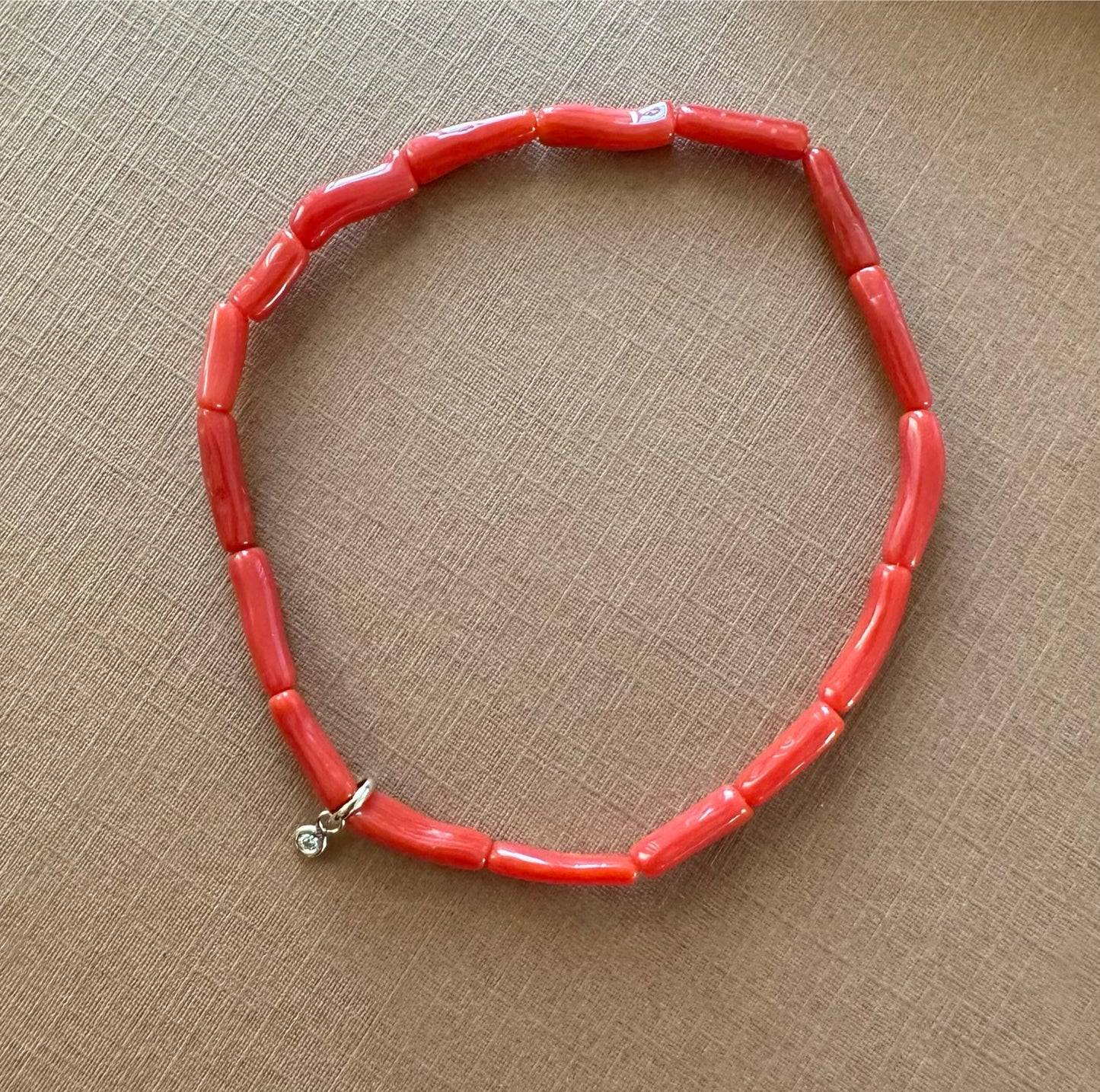 14k Solid Yellow Gold, White Diamond, Red Coral Stretch Bracelet