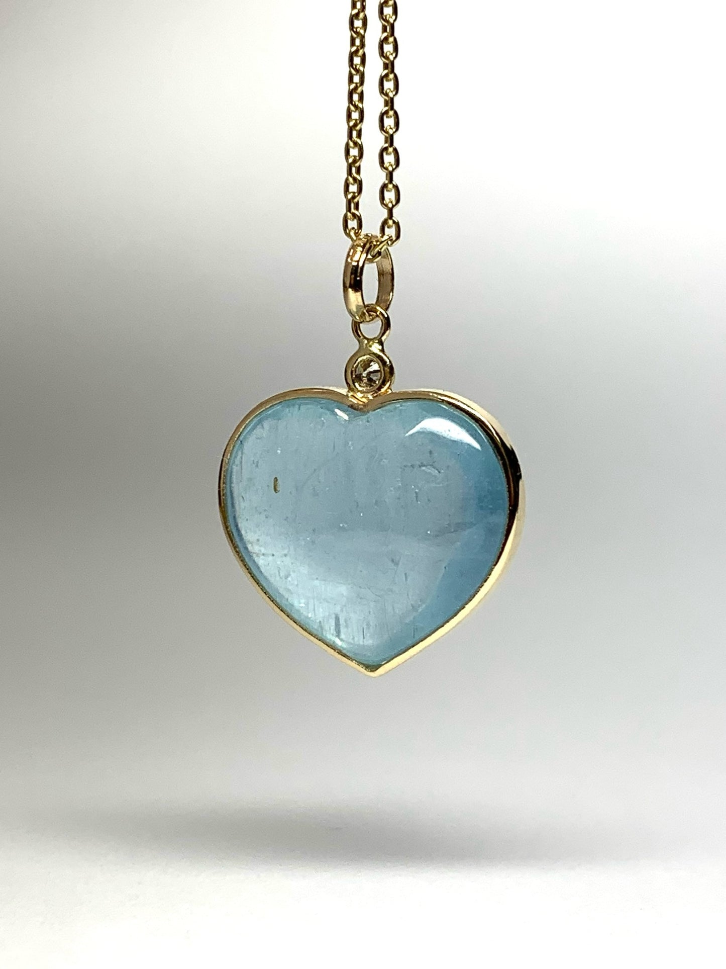 14k Solid Yellow Gold, Diamond, Pale Blue Aquamarine “Heart” Pendant