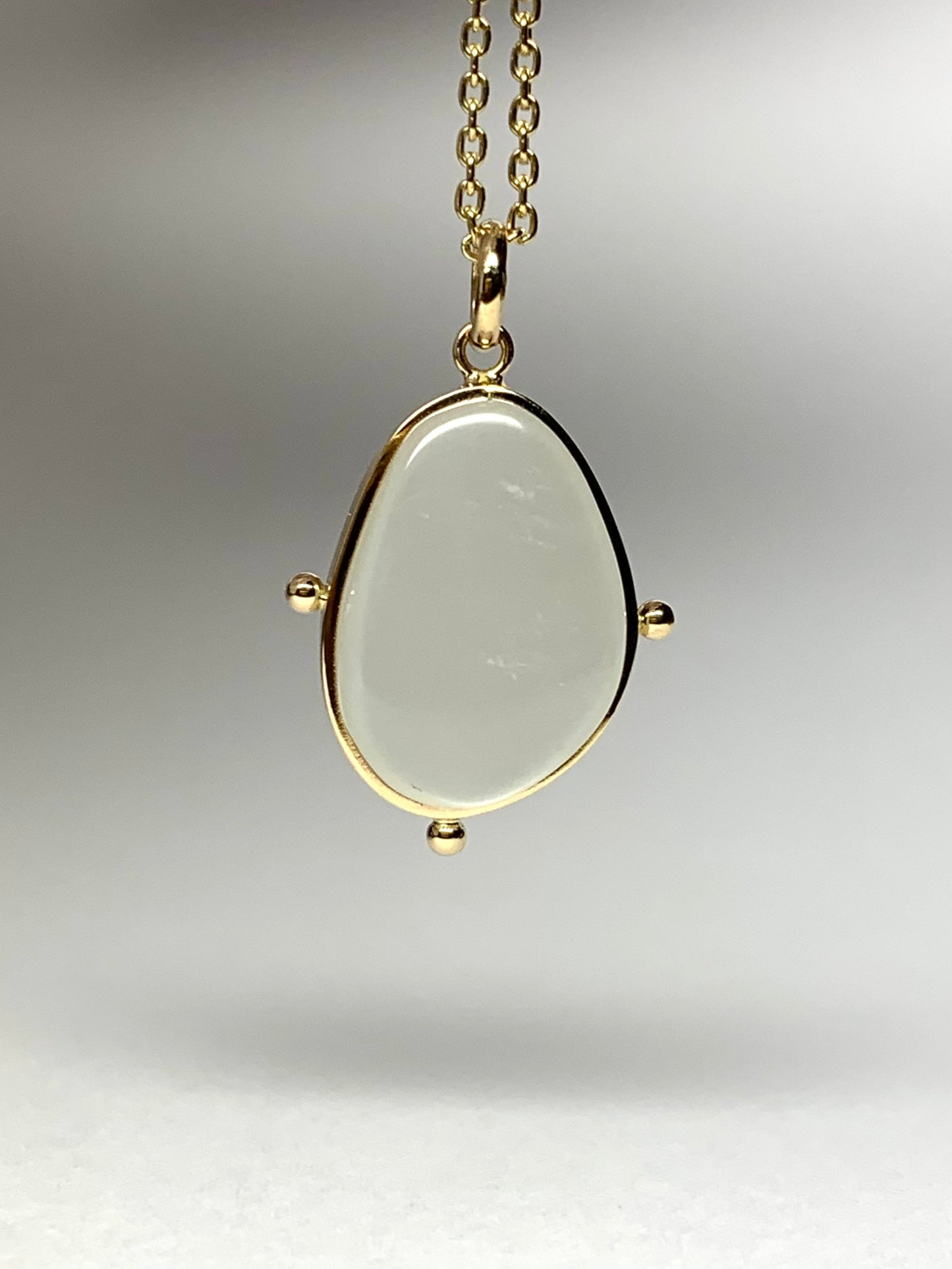 14k Solid Yellow Gold, White Moonstone Flat Cabochon Pendant, With Golden Dots