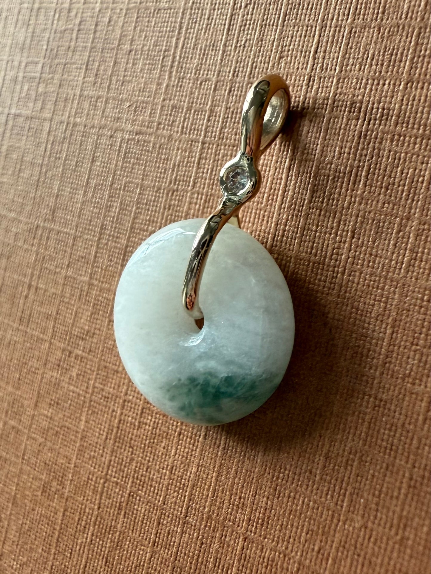 14k Solid Yellow Gold, White Diamond, Pale Green Jade “Donut” Pendant, Mini Size
