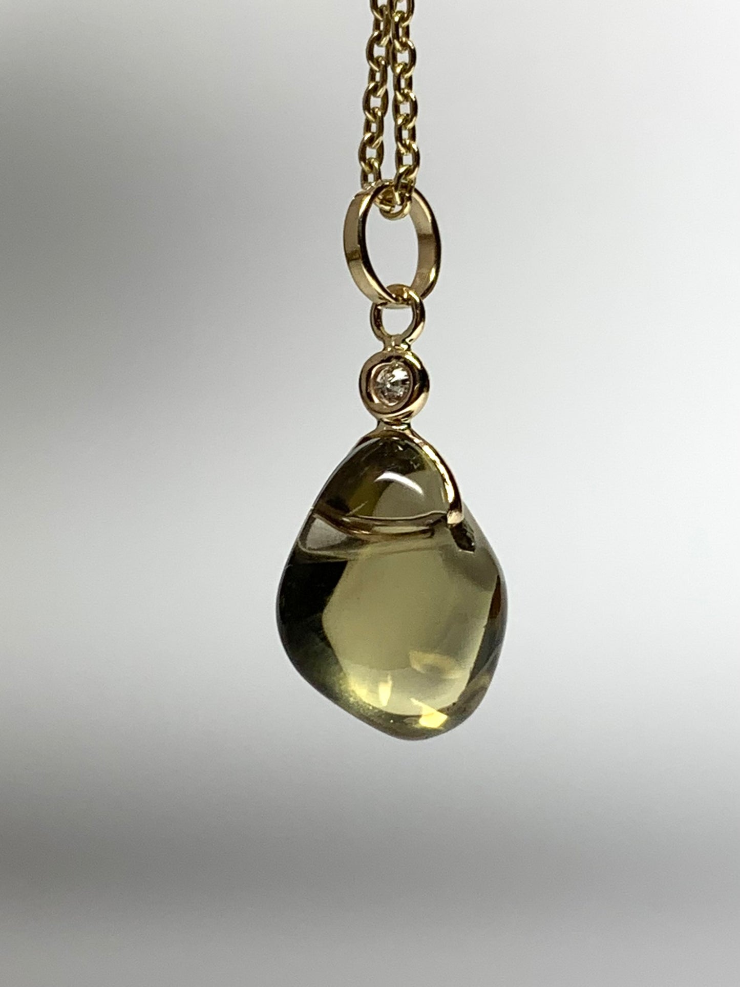 14k Solid Yellow Gold, Diamond, Lemon Quartz Tumbled Nugget Bead Pendant, Mini Size