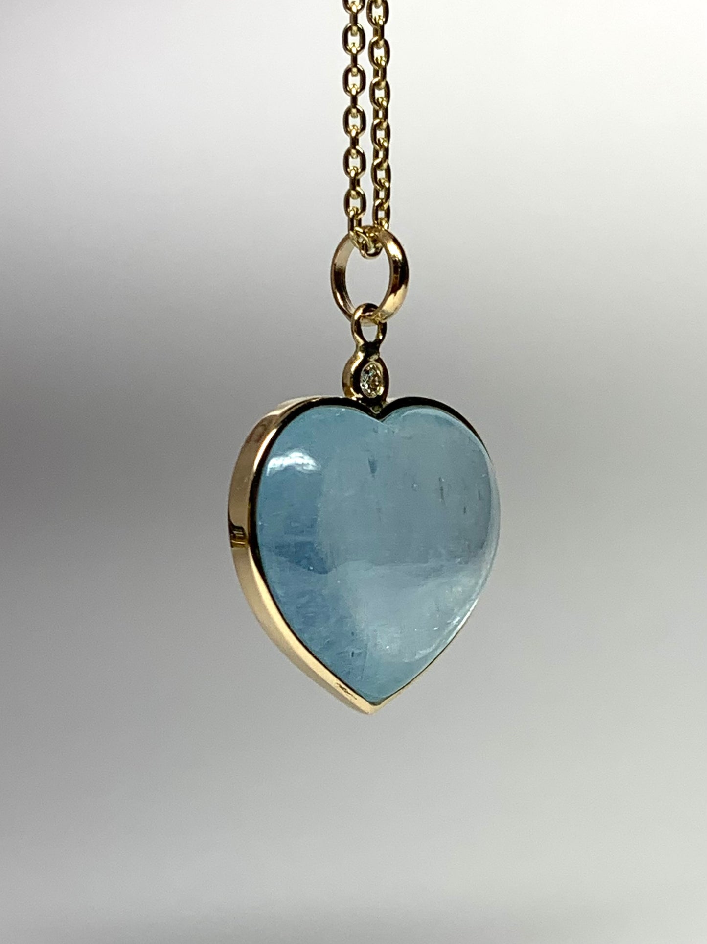 14k Solid Yellow Gold, Diamond, Pale Blue Aquamarine “Heart” Pendant