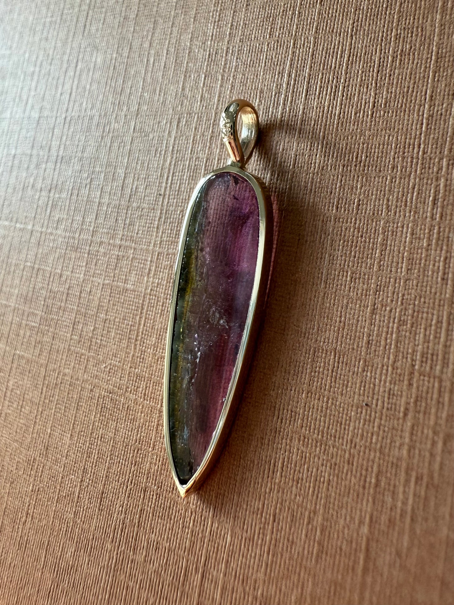 14k Solid Yellow Gold, Natural Bicolor Green Pink Tourmaline “Arrowhead” Pendant