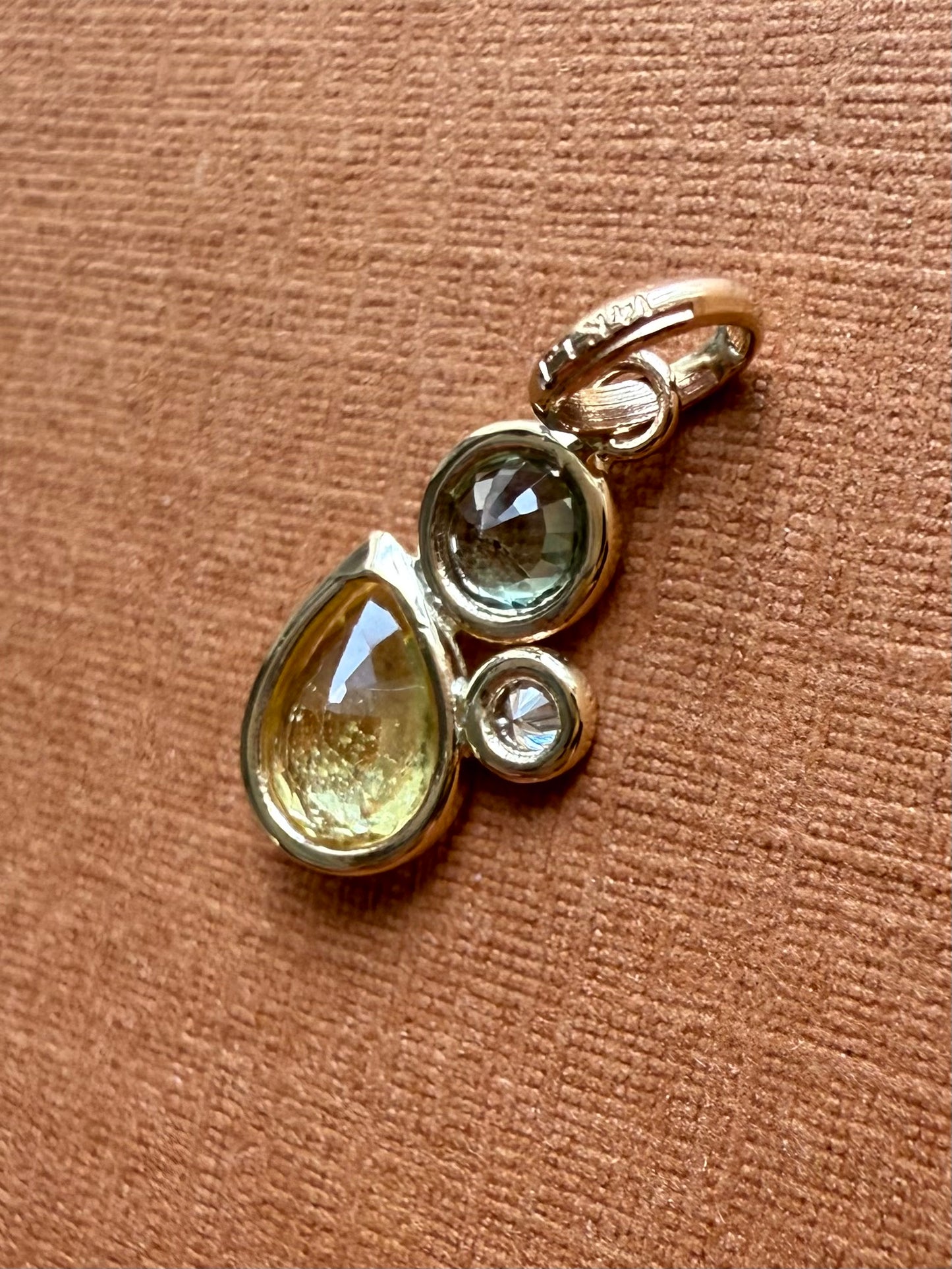 14K Solid Yellow Gold, Diamond, Multi Color Sapphires Cluster Pendant, Tiny Size