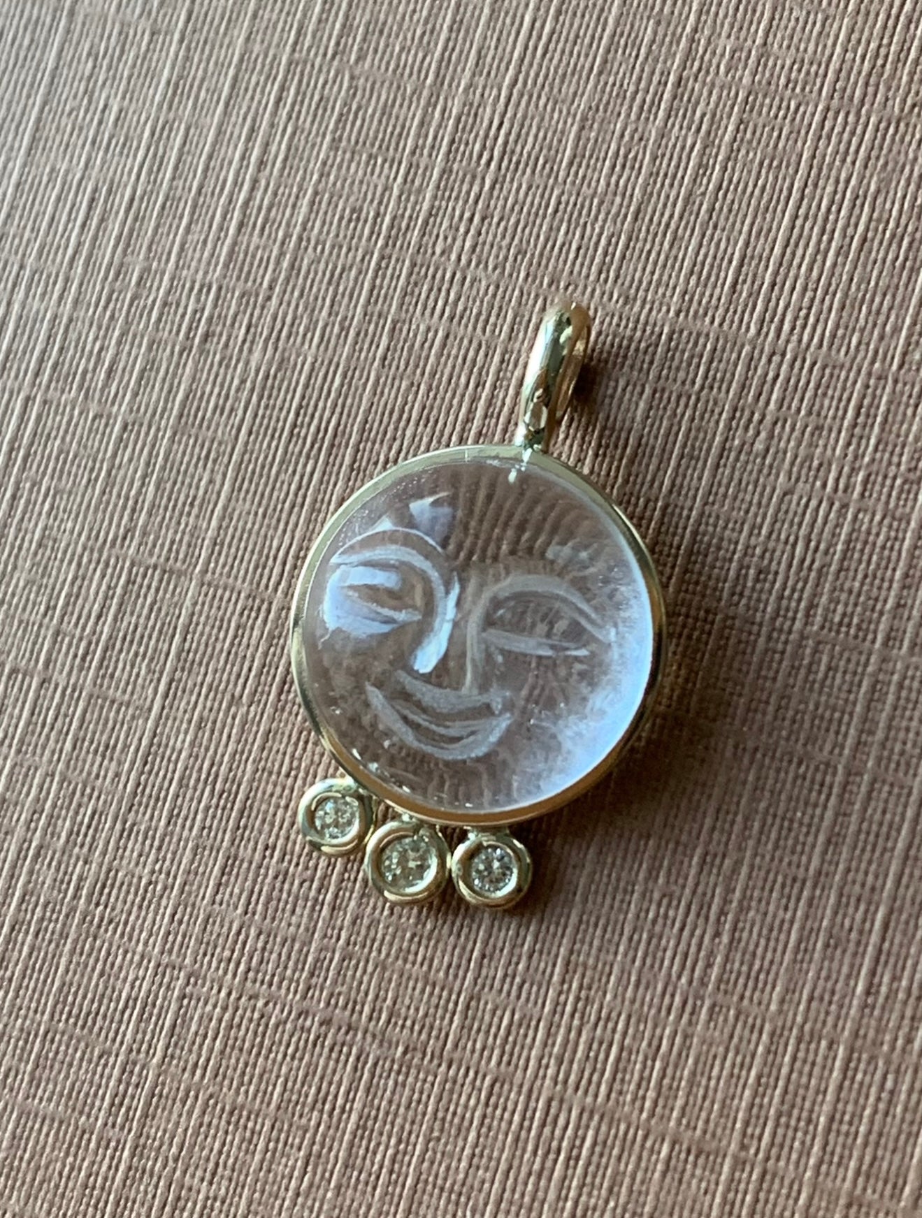 14k Solid Yellow Gold, Clear Quartz, White Diamonds “Moon and Stars” Pendant, Carved Face, Small Size